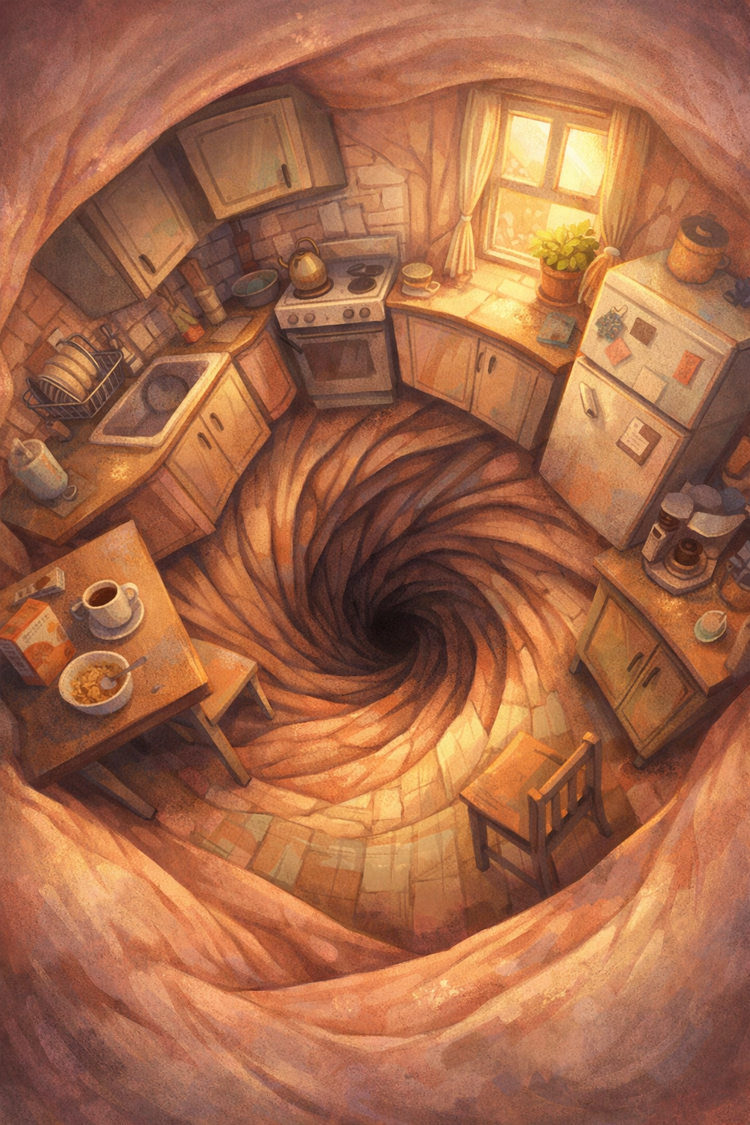 Overhead view of contracting apartment kitchen with organic walls in body horror tale