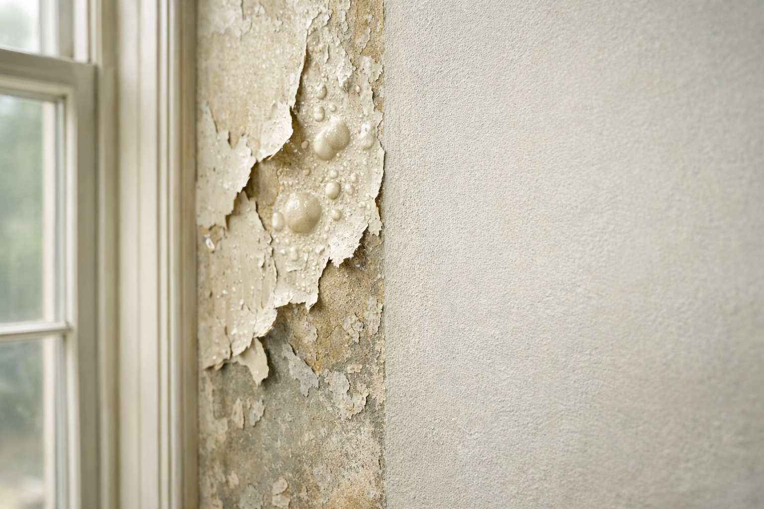 Peeling modern paint vs limewash on historic Georgian wall showing moisture damage in period property