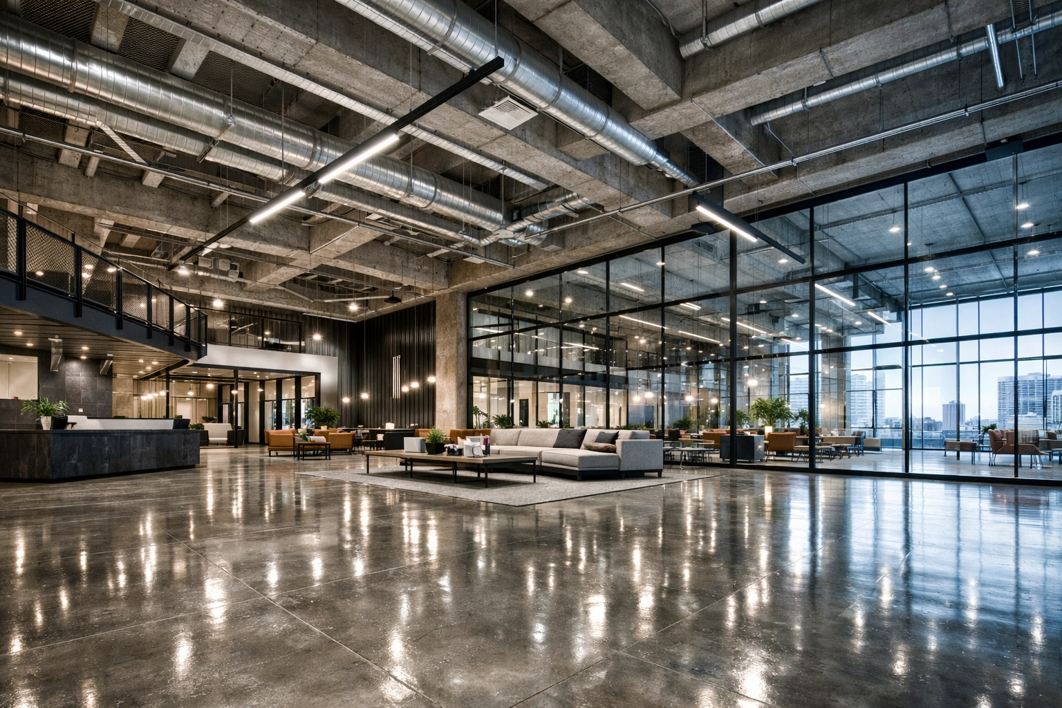 Modern office lobby with hard reflective surfaces causing acoustic reverberation and echo.