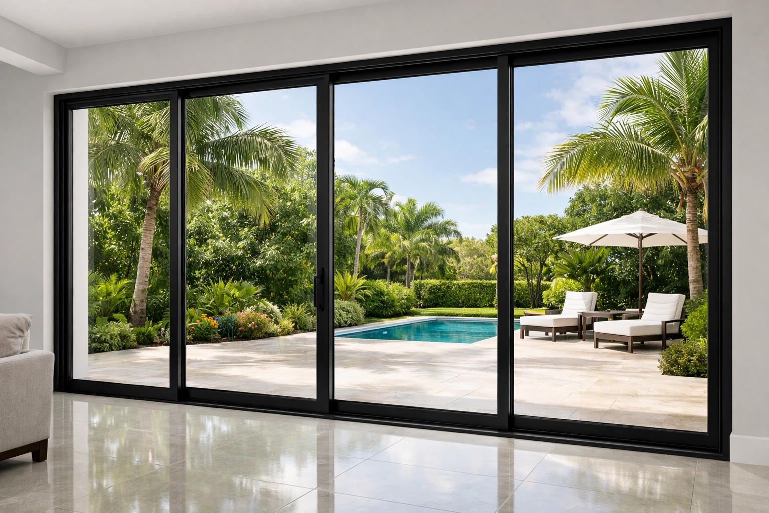 Impact-resistant glass doors and windows providing hurricane protection for a renovated Orlando home.
