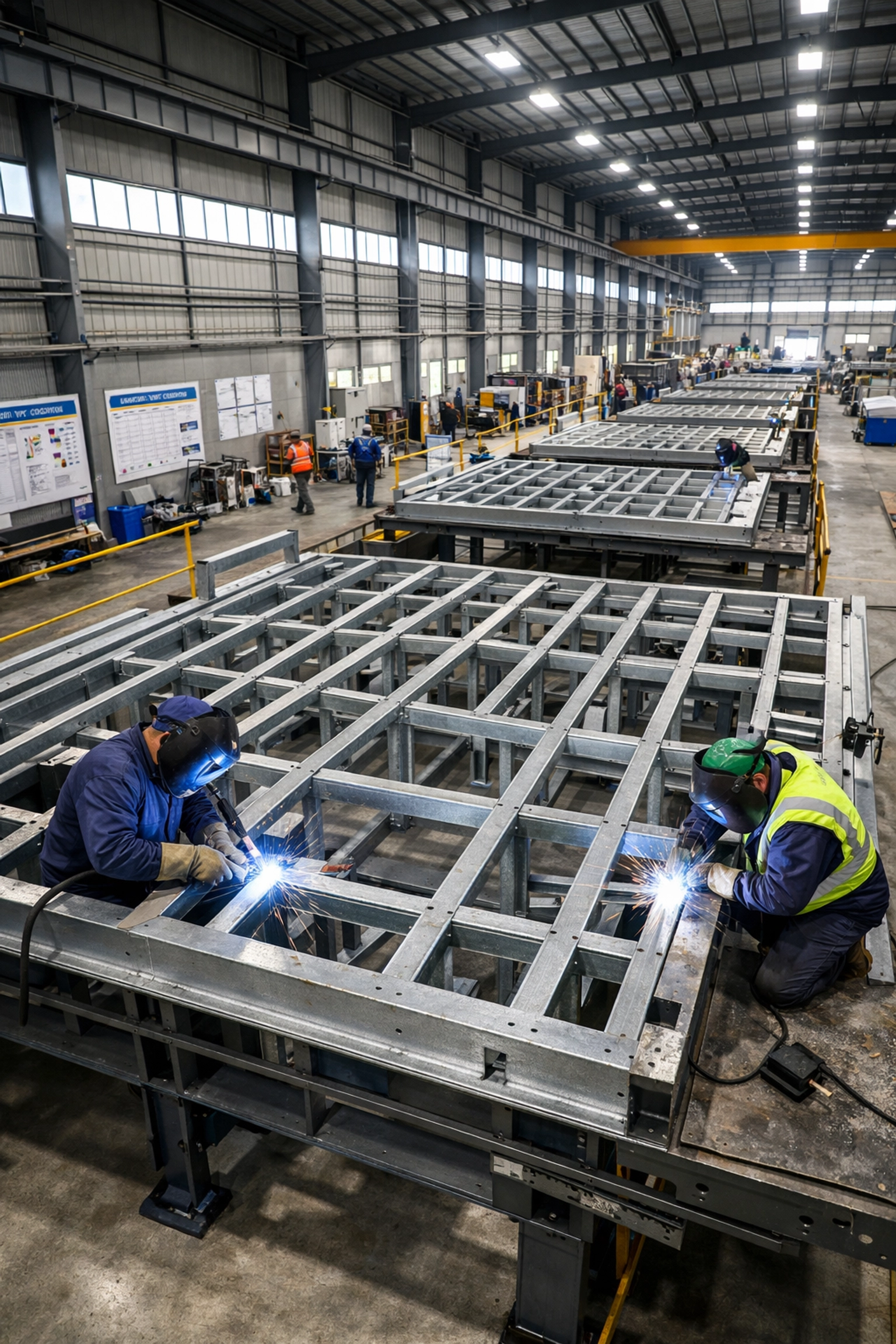 Modular home factory construction with steel frames and precision welding on production line