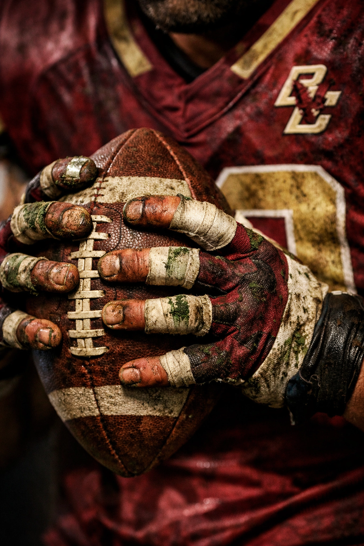 Football defensive end hands with athletic tape showing Boston College work ethic