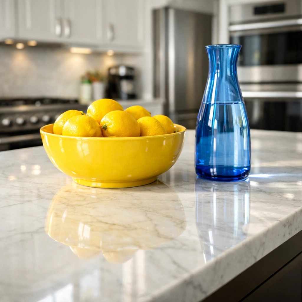 Sparkling clean marble kitchen counter in a Massachusetts home after a professional weekly house cleaning.