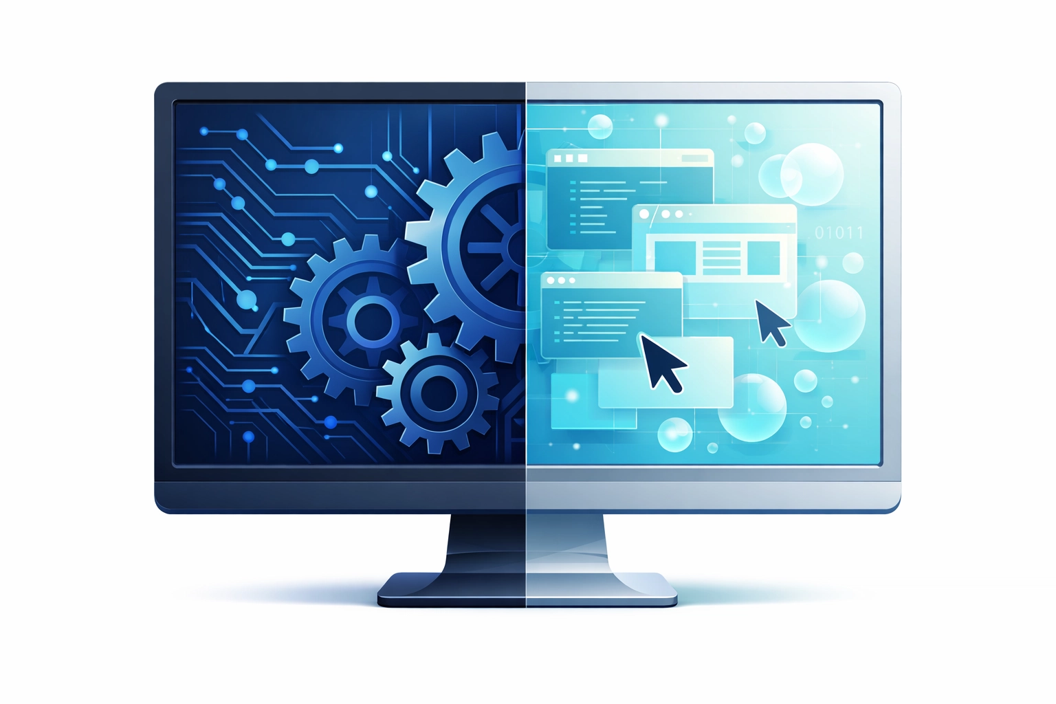 Split-screen graphic showing the difference between computer hardware components and software programs.