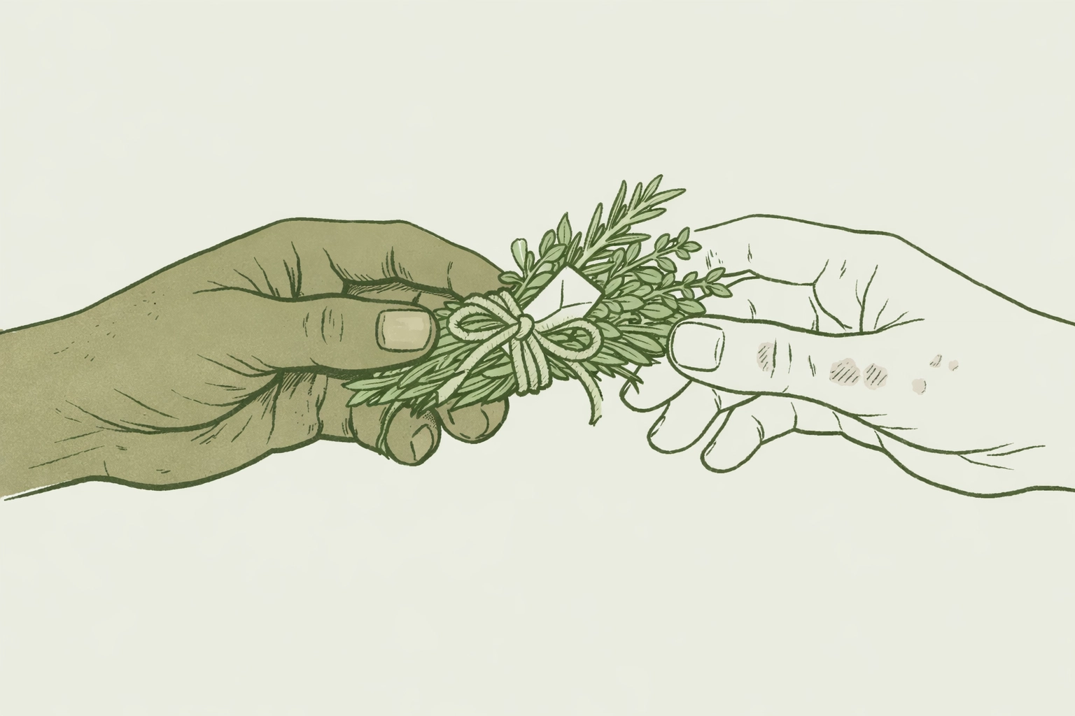Hands exchanging herbs with hidden love note in gay historical fiction