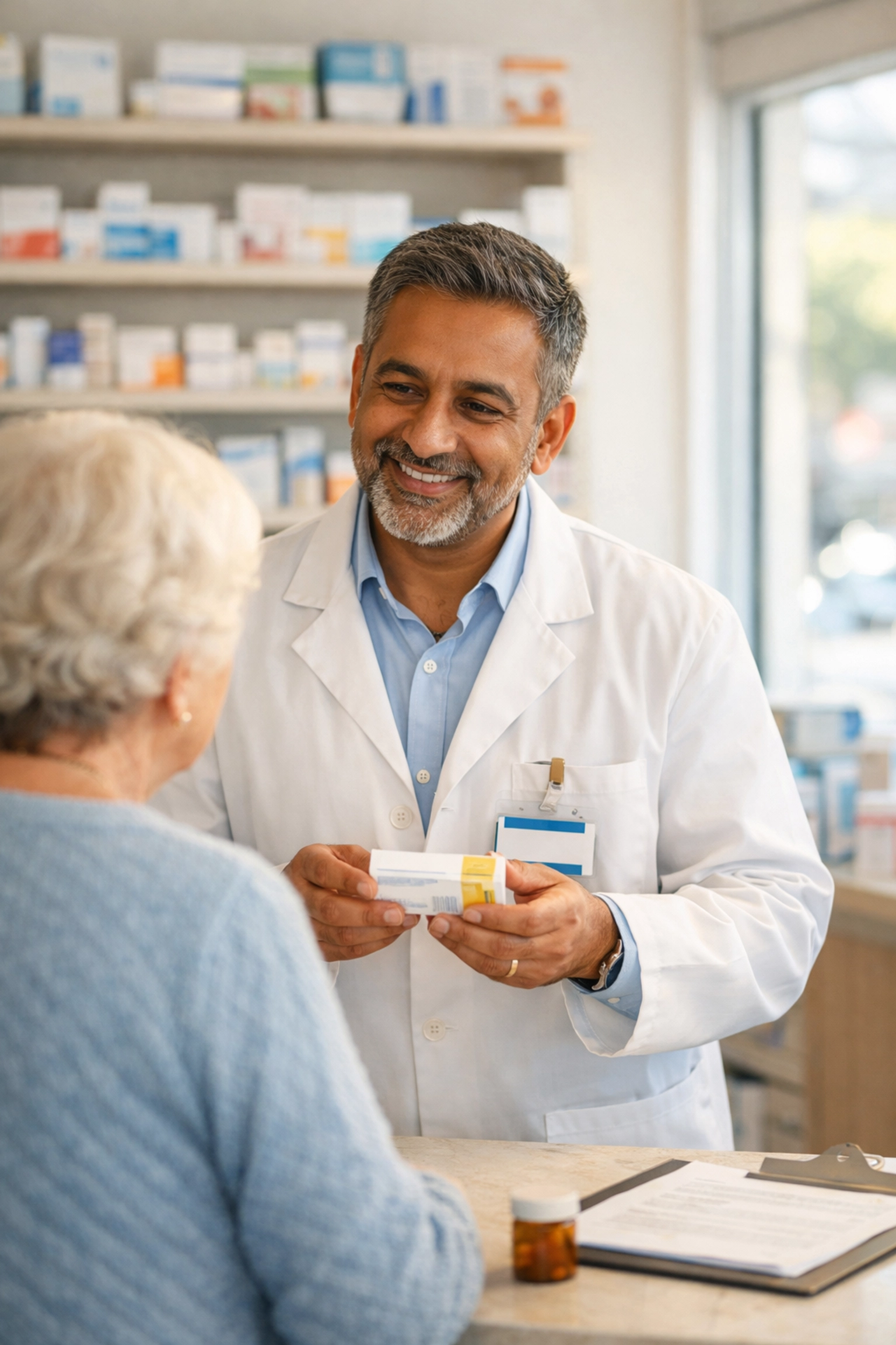 Community pharmacist consulting with COPD patient at UK pharmacy counter
