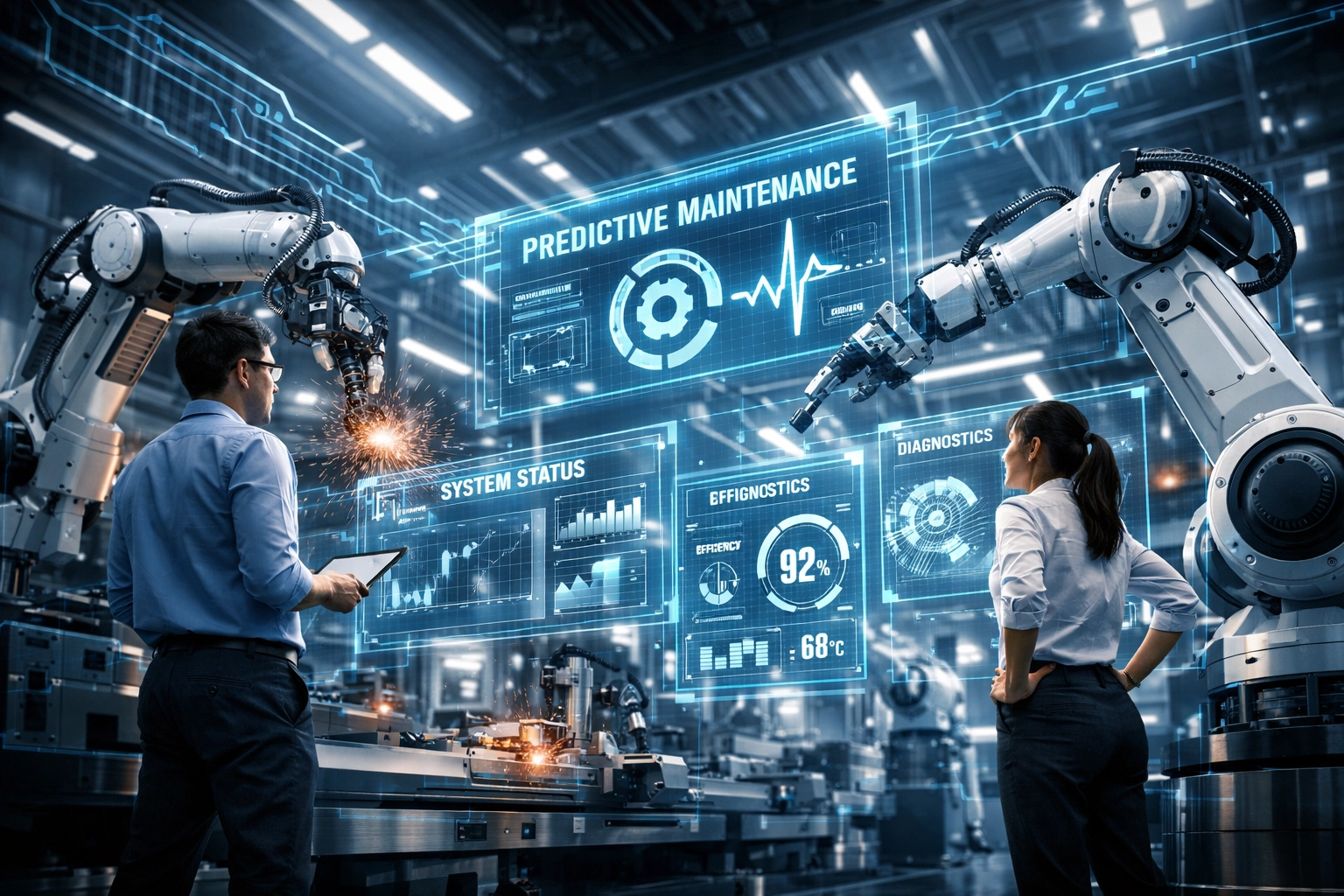 Advanced smart factory using AI-driven automation and data-driven insights to monitor global tech trends.