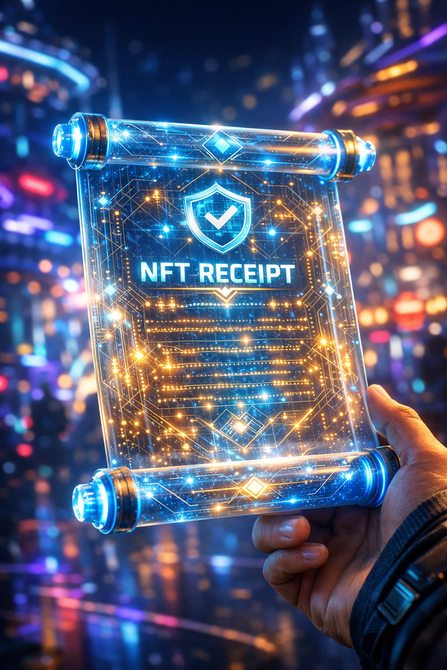 A digital NFT receipt held in a neon metaverse city, representing secure Web3 shopping and self-custody.