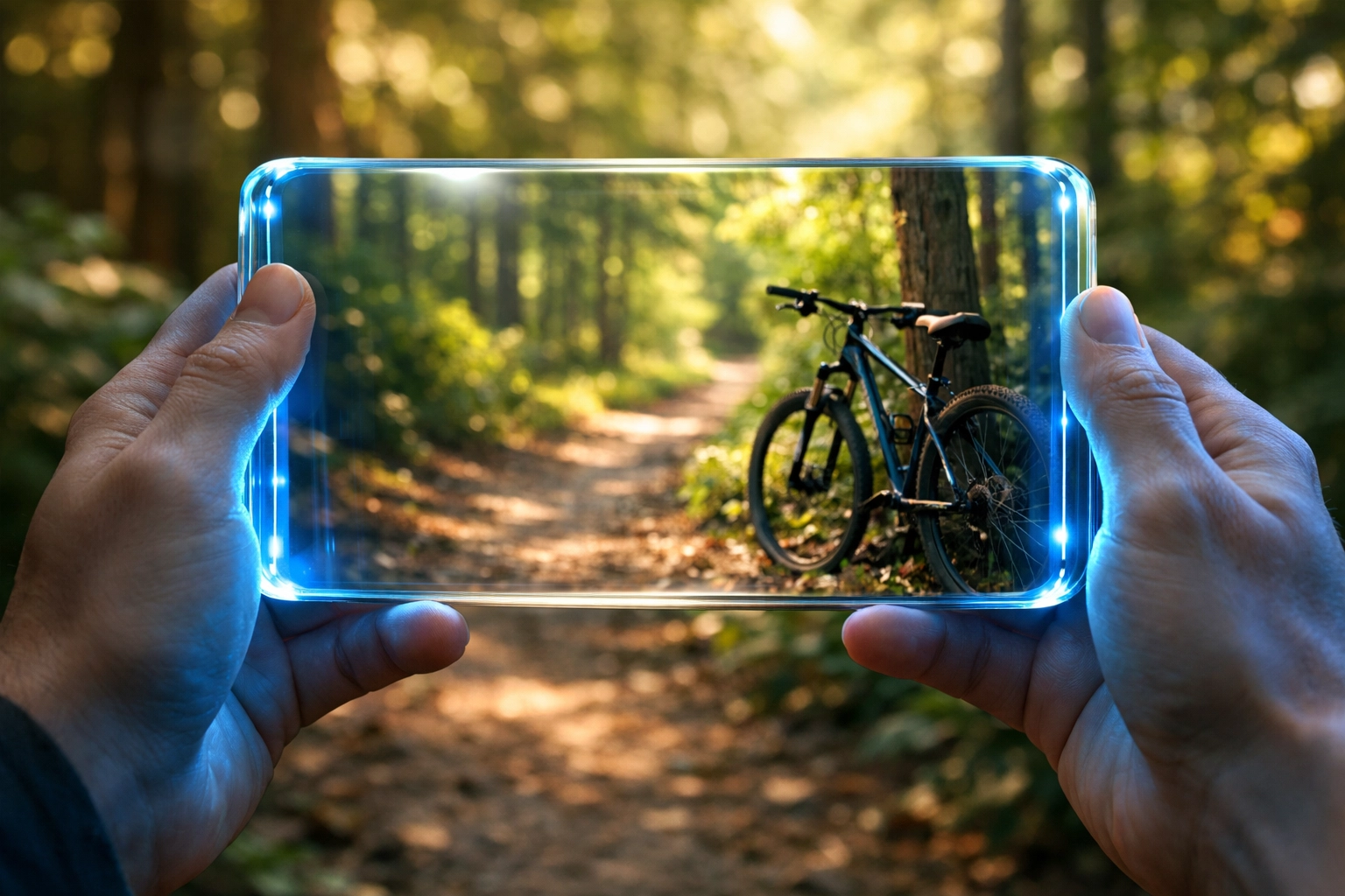 Smartphone held over a natural landscape representing the psychological cost of digital displacement.