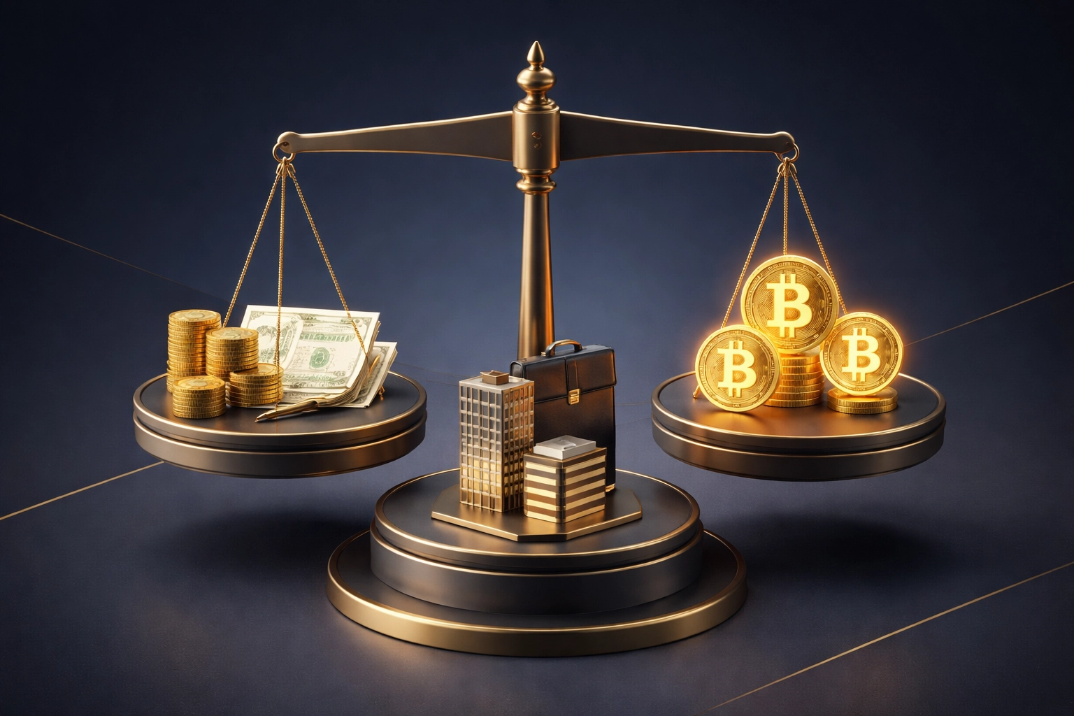 Balanced scale illustrating the 40/30/30 portfolio allocation across traditional, alternative, and digital assets