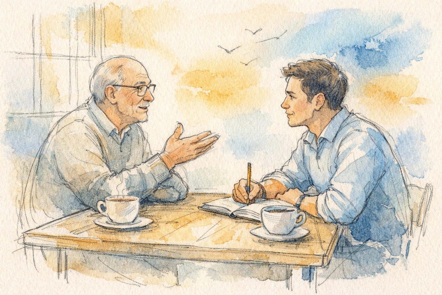 Christian mentor and young professional in conversation over coffee discussing faith and leadership