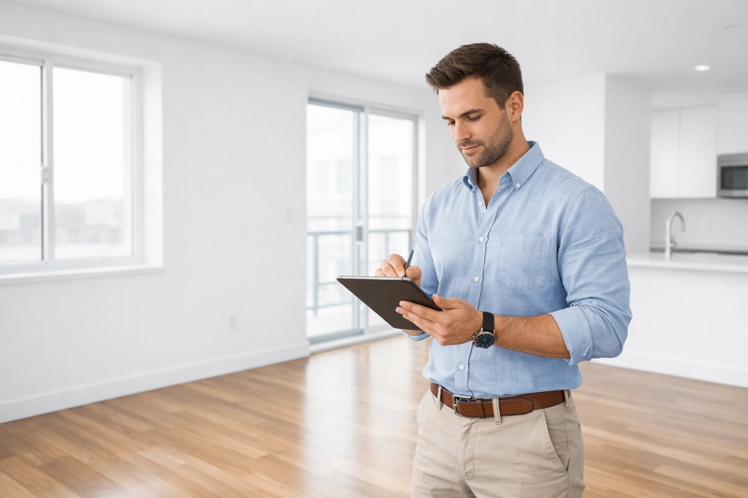 Property manager using tablet to complete apartment turnover checklist inspection