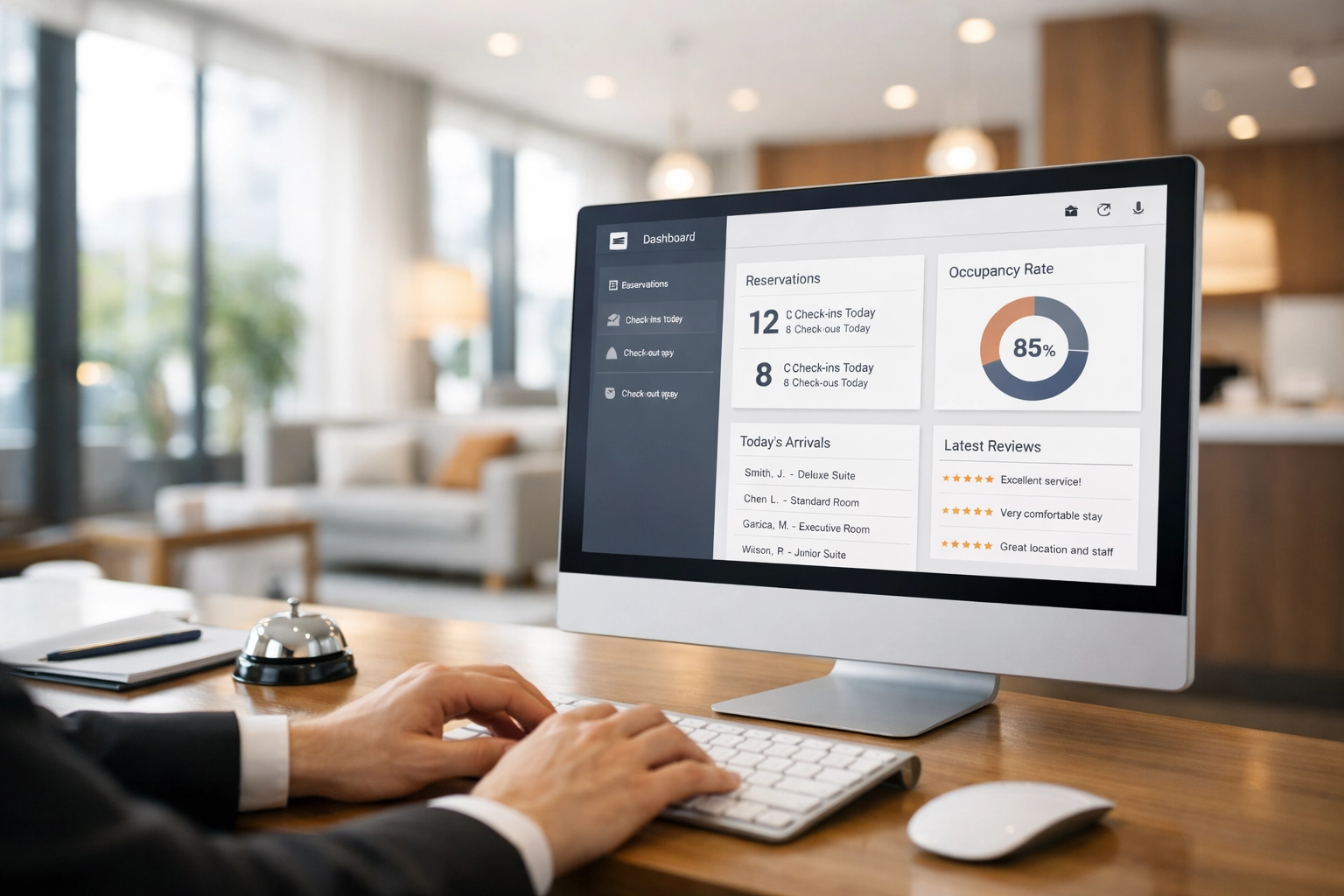 Hotel front desk receptionist using modern PMS dashboard for automated property management