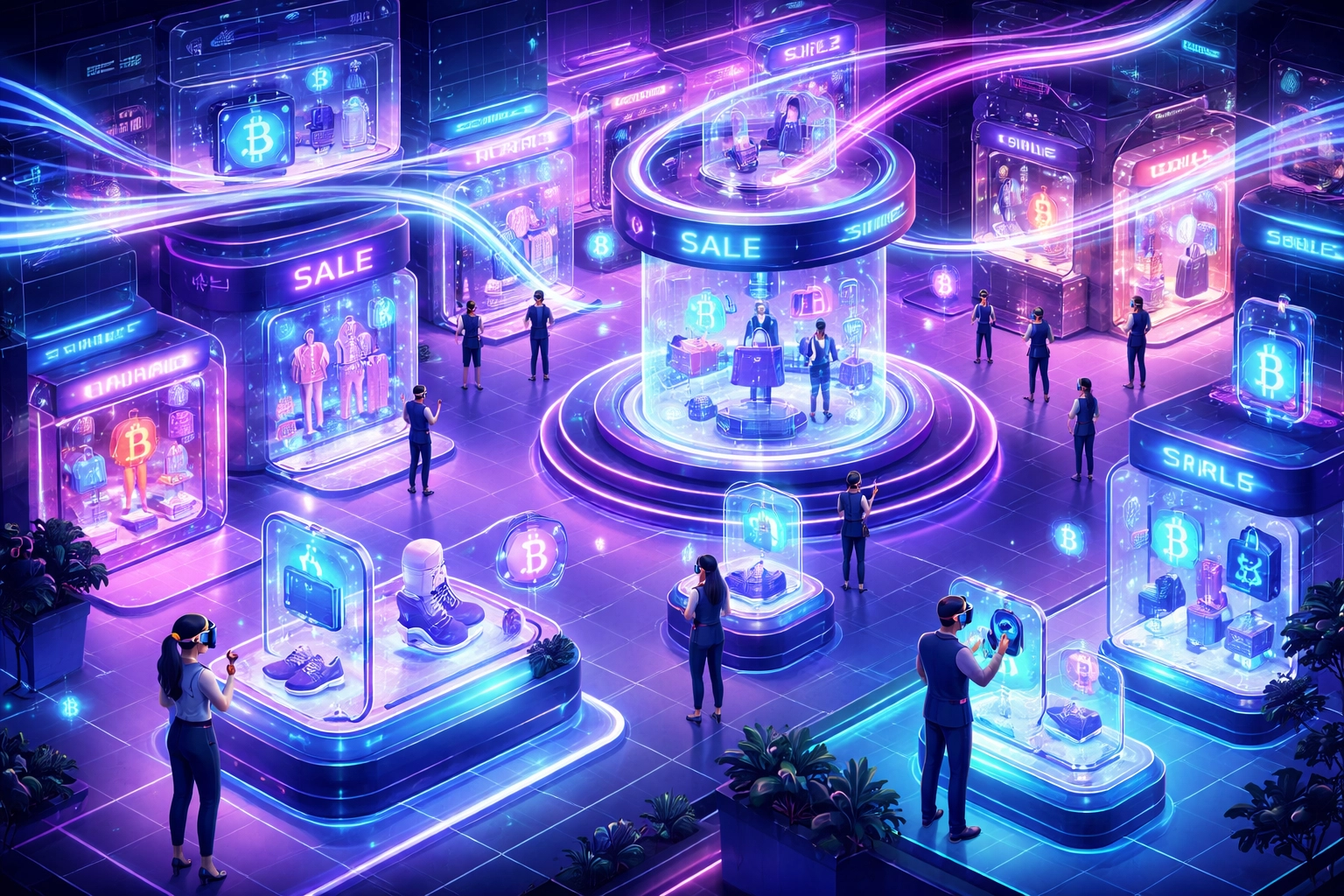 Futuristic metaverse shopping mall with avatars and digital payments, illustrating innovative crypto retail experiences.