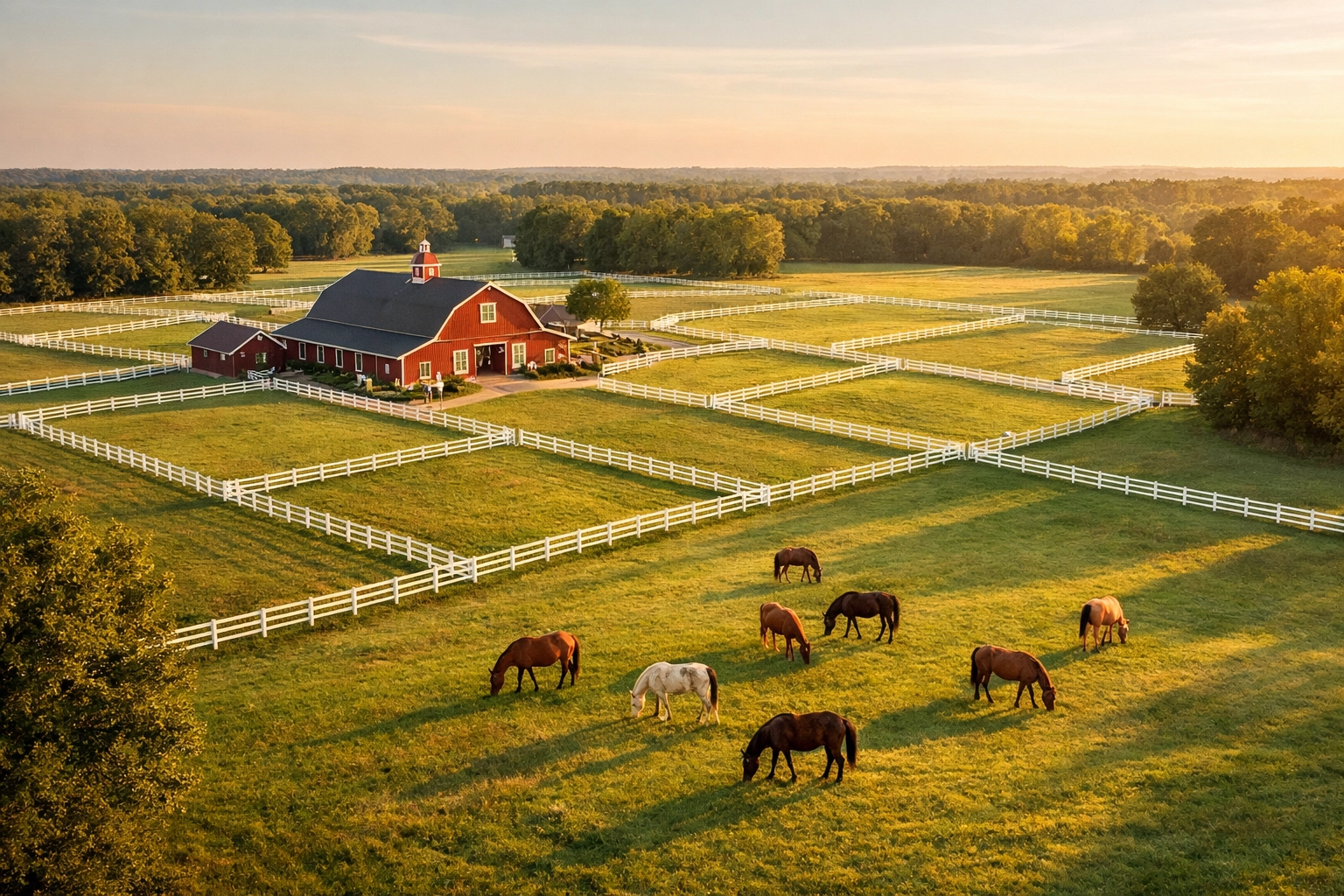 Aerial view of horse farm in Charlotte Metro with white fencing, barn, and grazing horses on green pastures