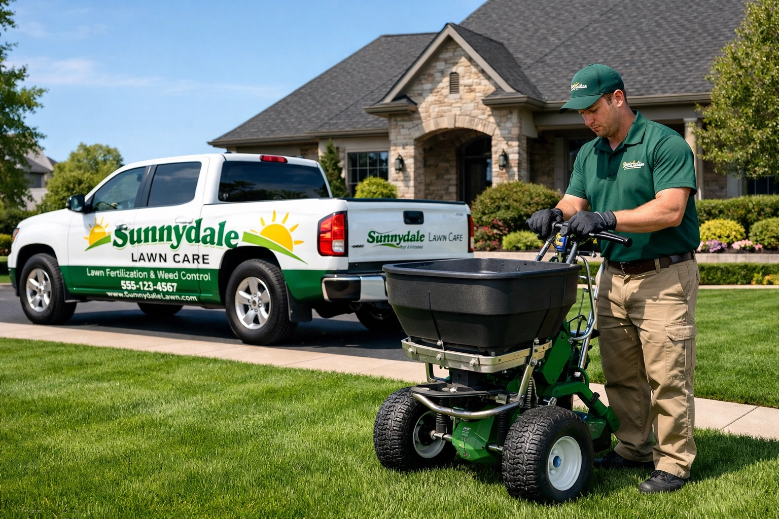 Professional lawn fertilization service using a granular spreader on a lush green yard with a Sunnydale truck.