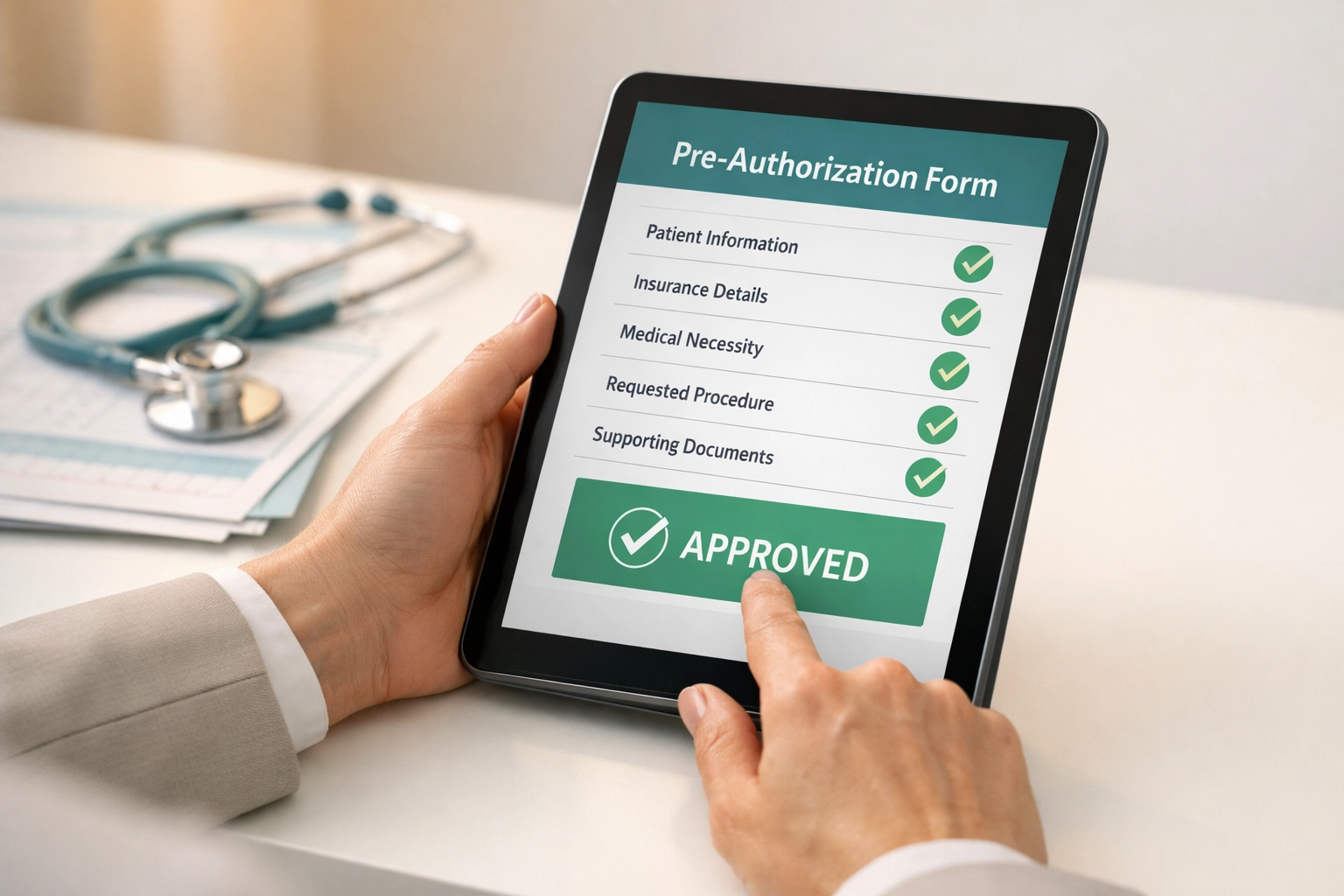 Medical staff reviewing digital pre-authorization form on tablet