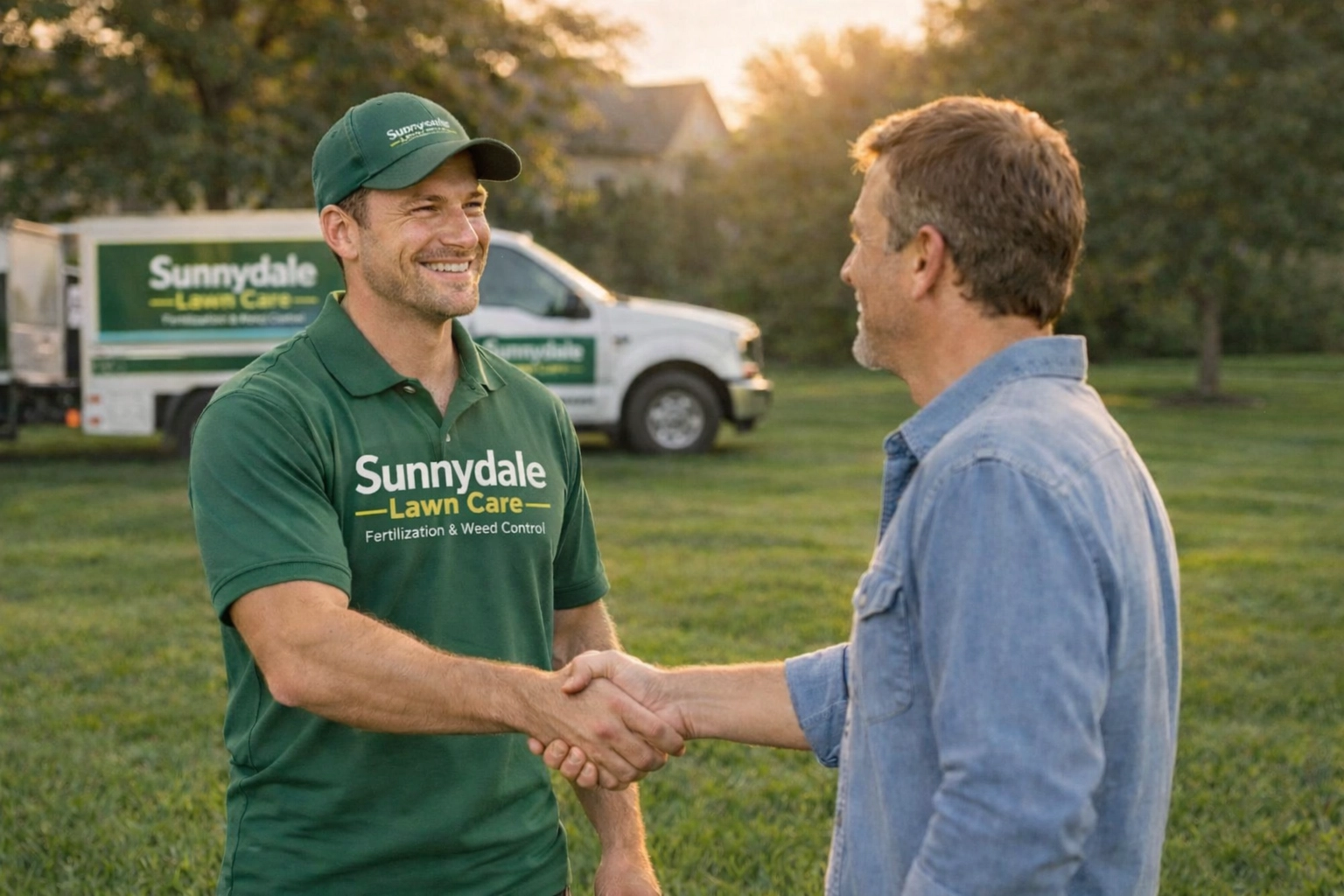 Local lawn care professional shaking hands with a homeowner on a lush green lawn.