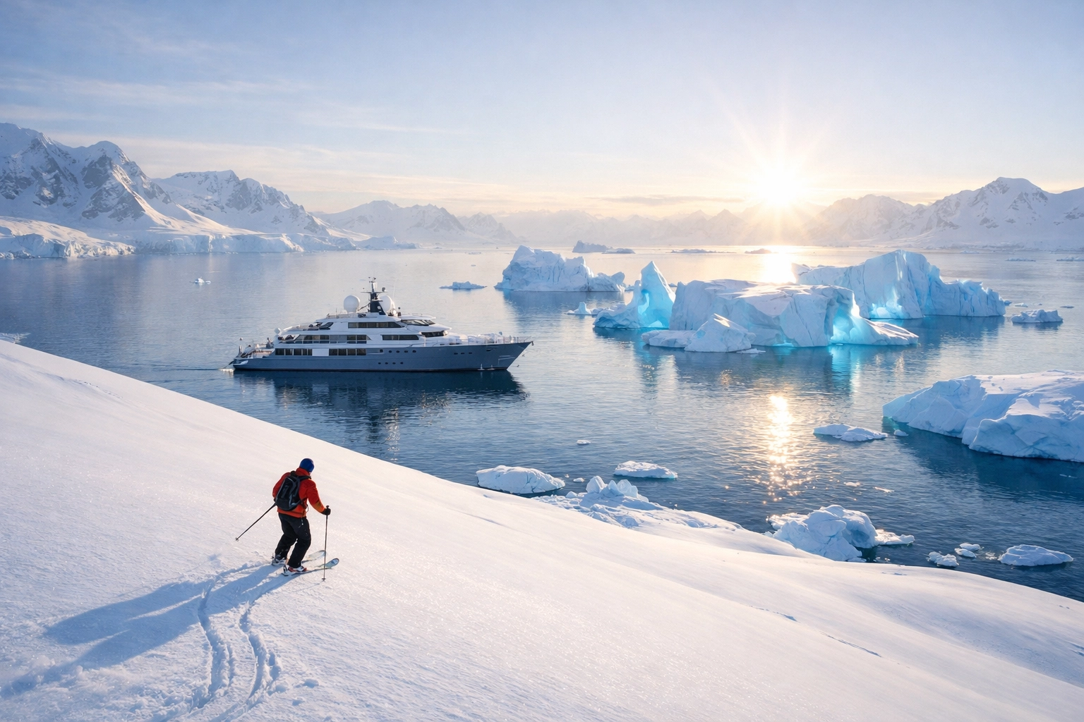 A lone skier descending a snowy slope toward a luxury expedition yacht in Antarctica.