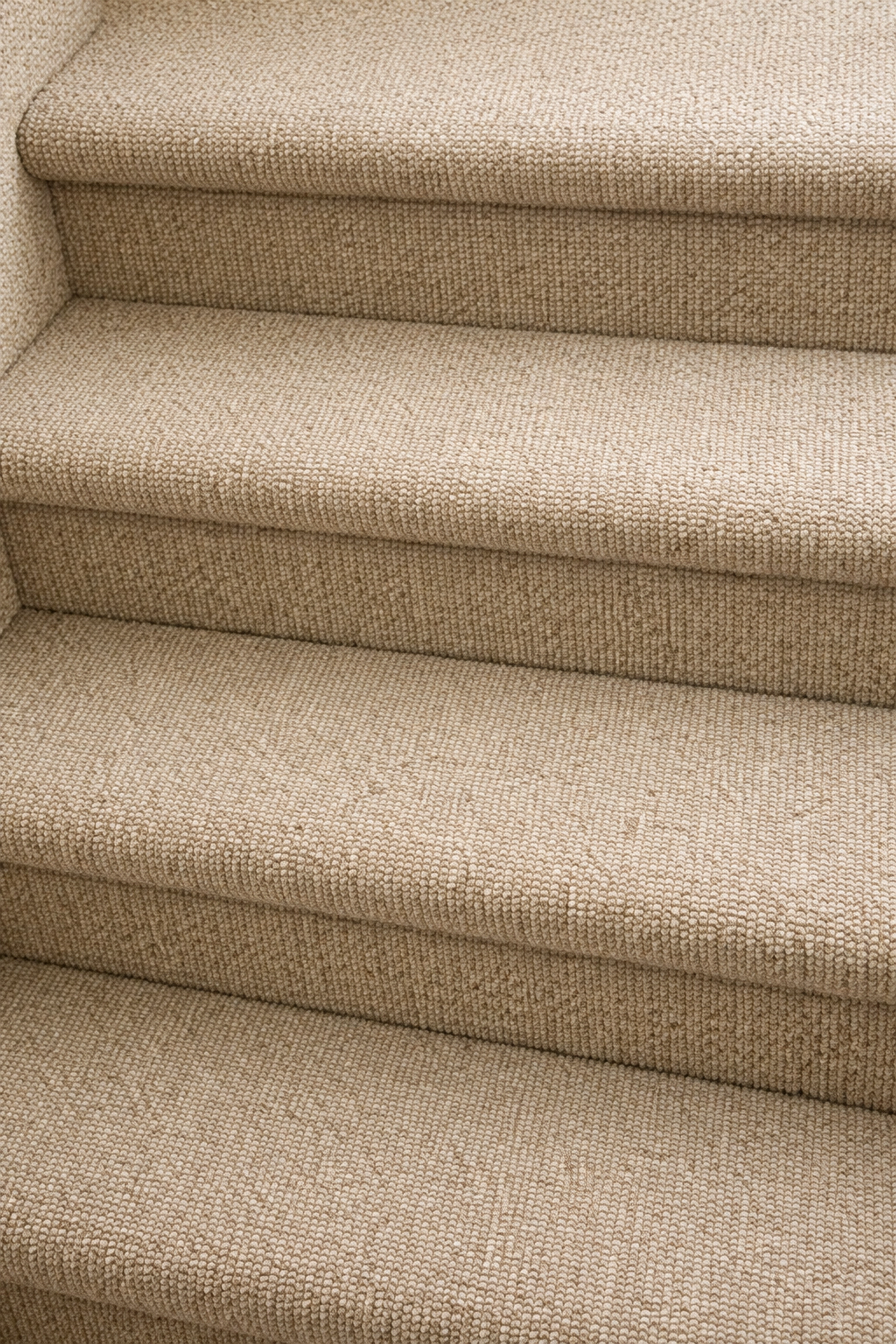 Close-up of well-maintained carpeted stairs with clear step edges and no loose fabric for stair safety.