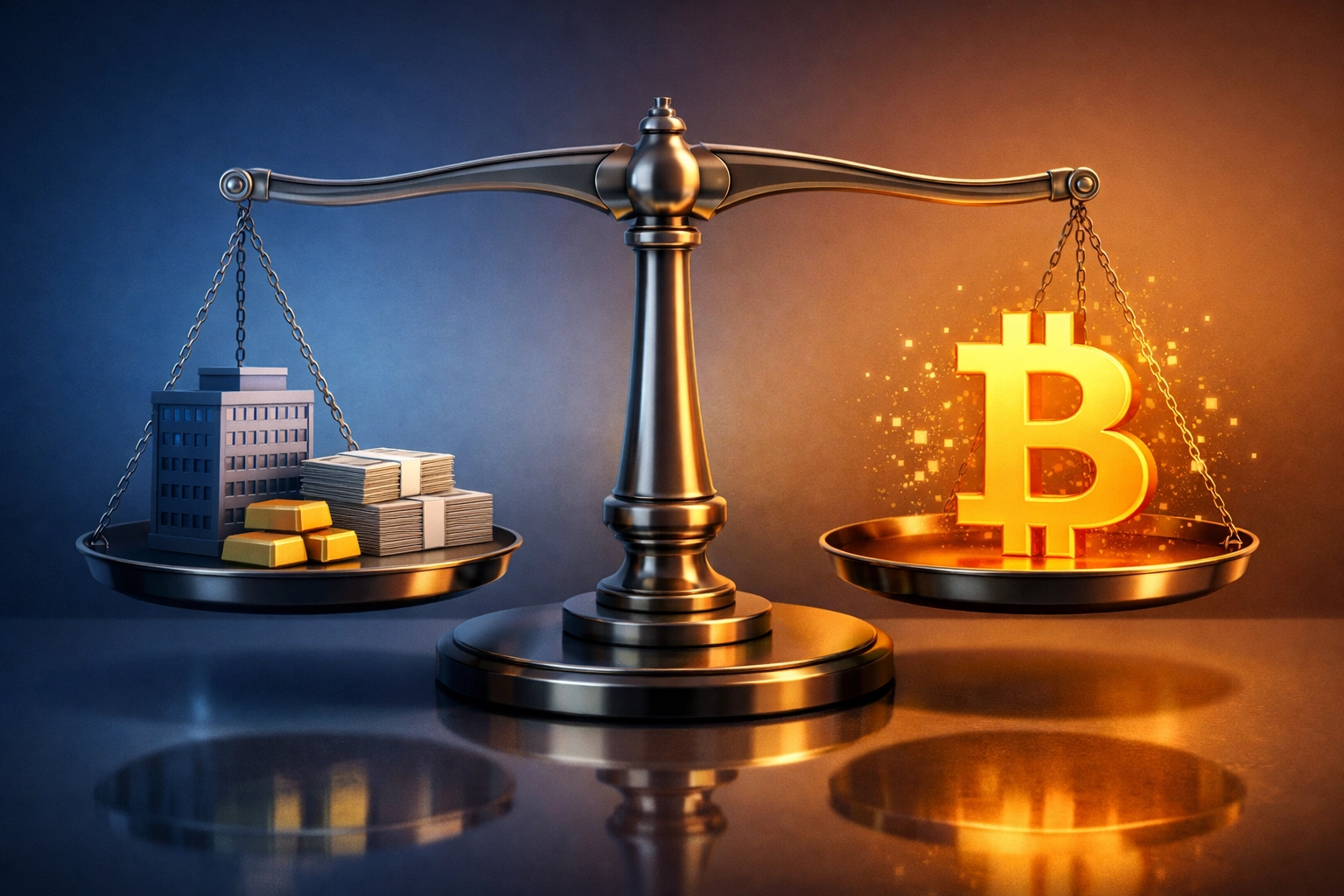 Balanced scale comparing traditional assets with Bitcoin in modern portfolio strategy