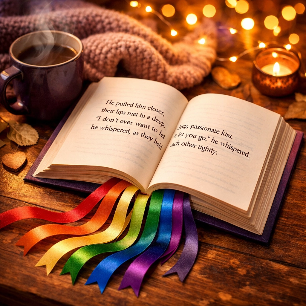 MM romance book with rainbow bookmark and cozy reading setup for LGBTQ+ fiction lovers
