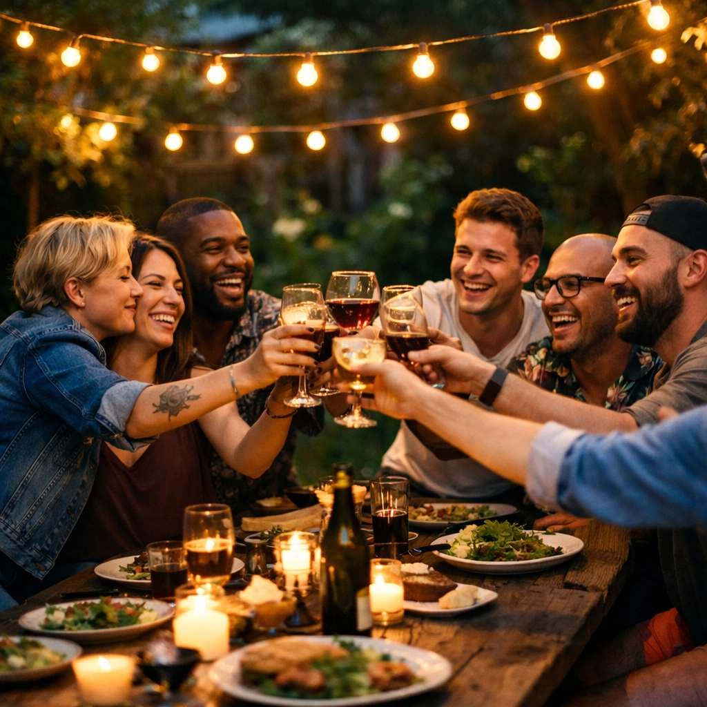 Diverse LGBTQ+ friends celebrating a chosen family milestone during an outdoor dinner party.