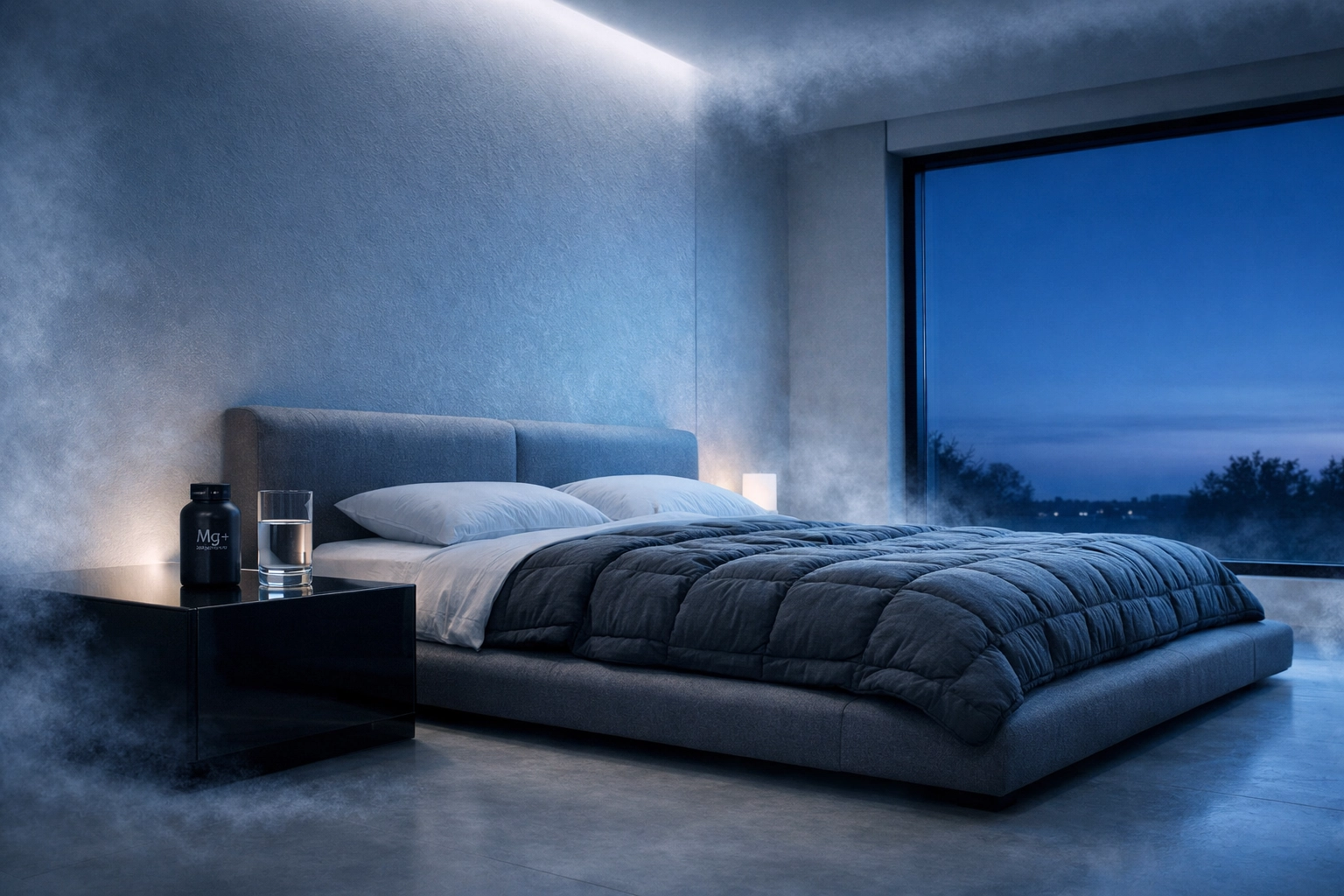 Optimized sleep environment featuring a cool temperature and supplements to improve sleep architecture quality.