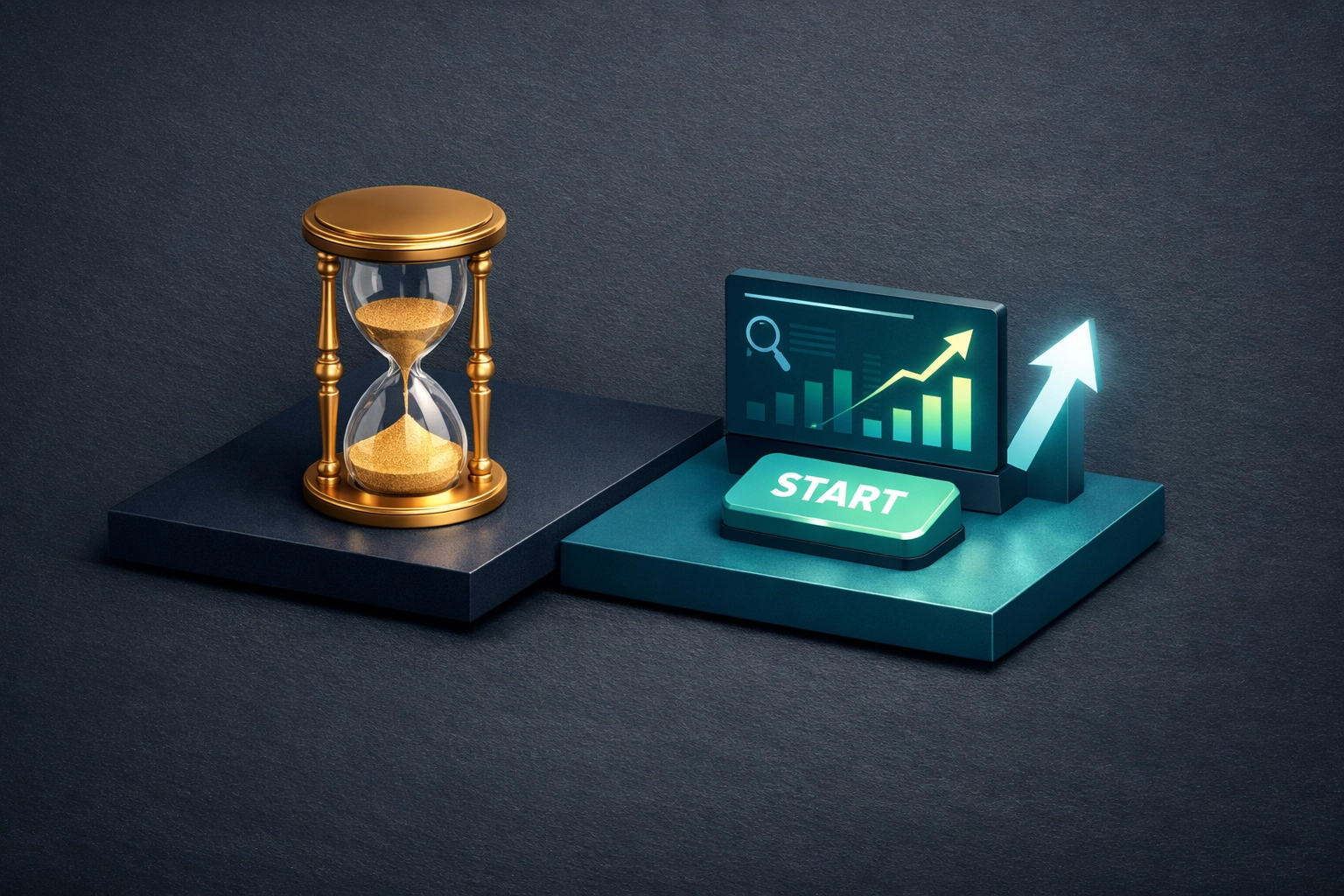 An hourglass and digital dashboard representing the balance between SEO and PPC marketing strategies.