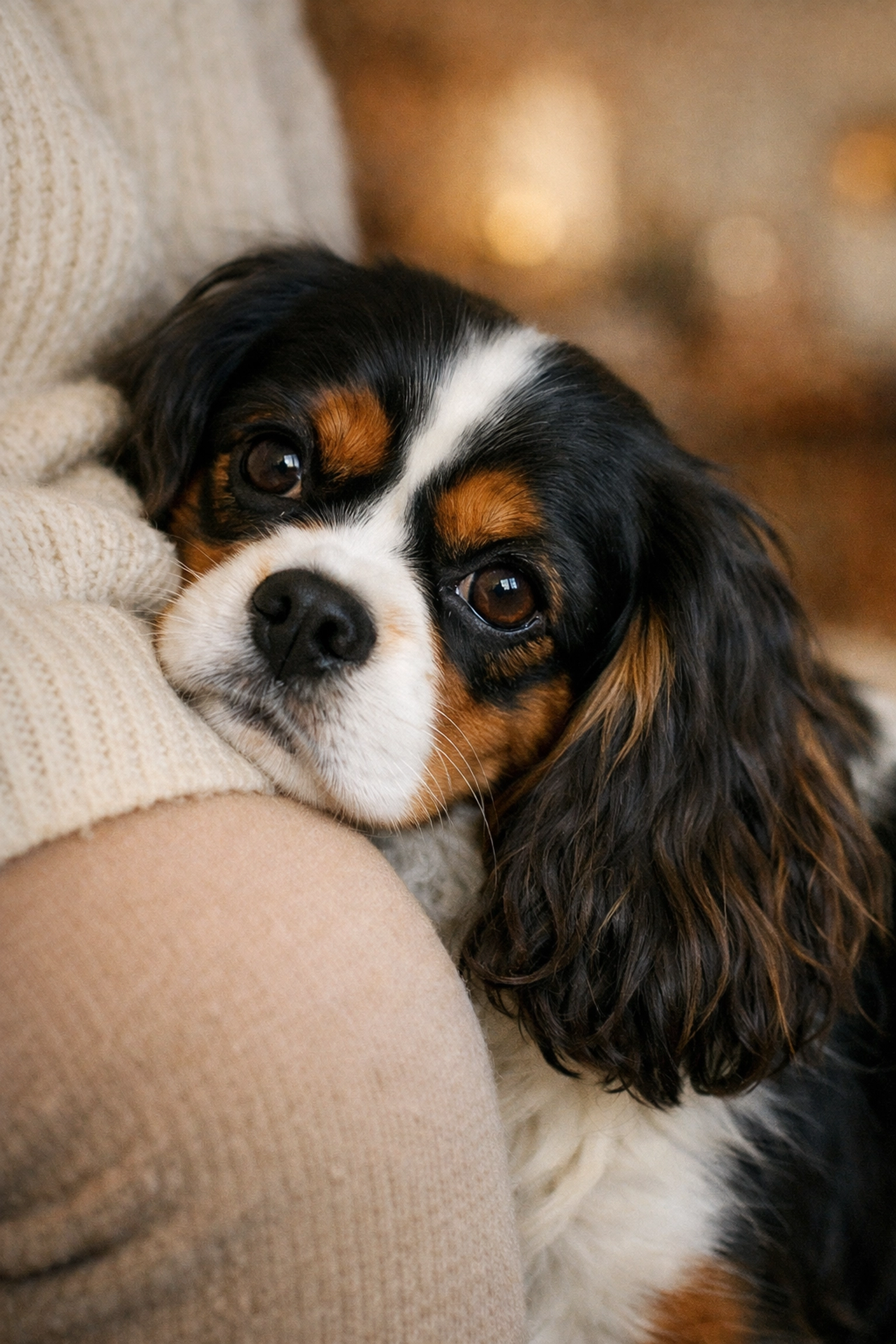 Tri-color Cavalier King Charles Spaniel leaning on its owner, providing emotional support in a home setting.