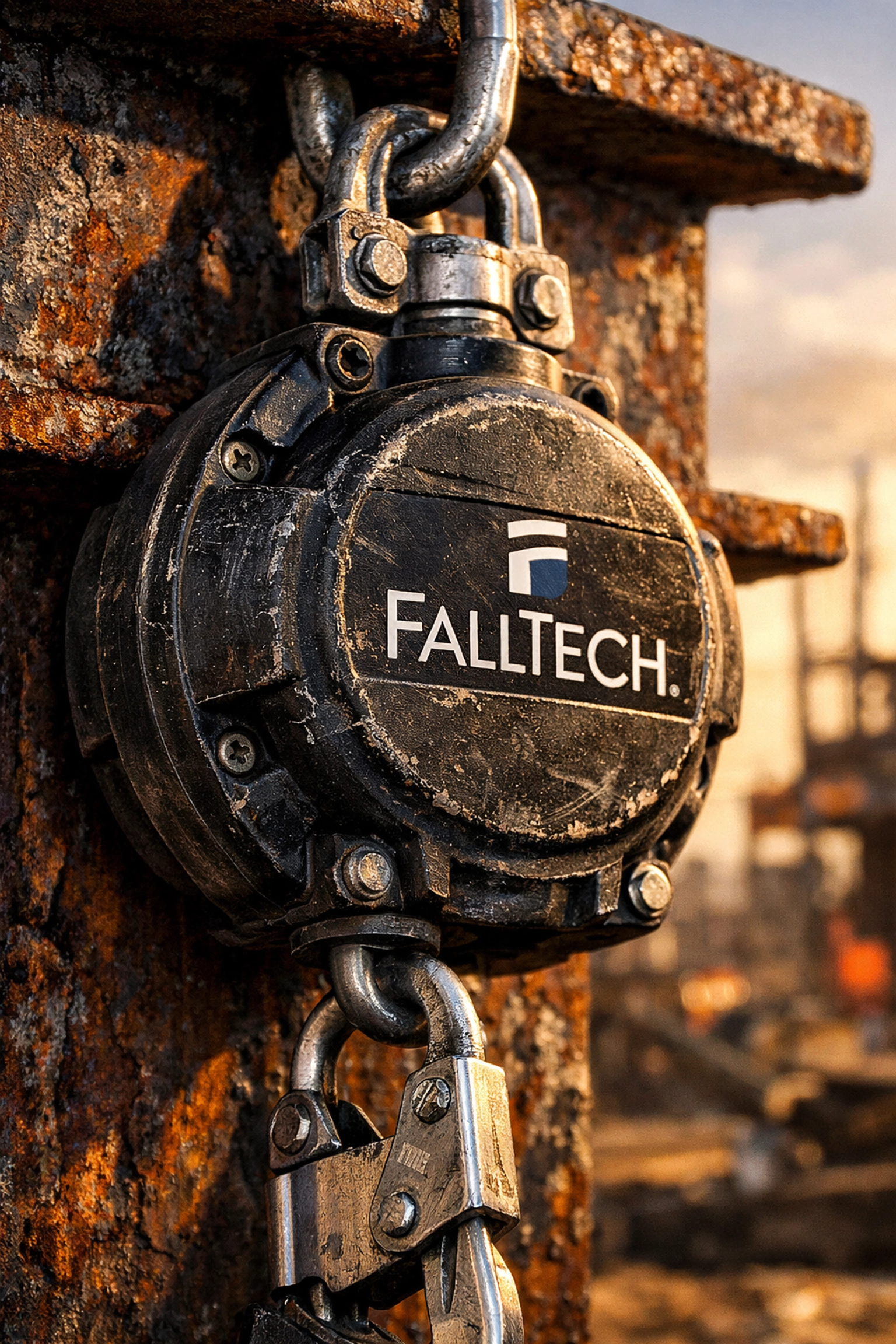 Heavy-duty FallTech SRL anchored to an I-beam at a Northern Indiana construction site.