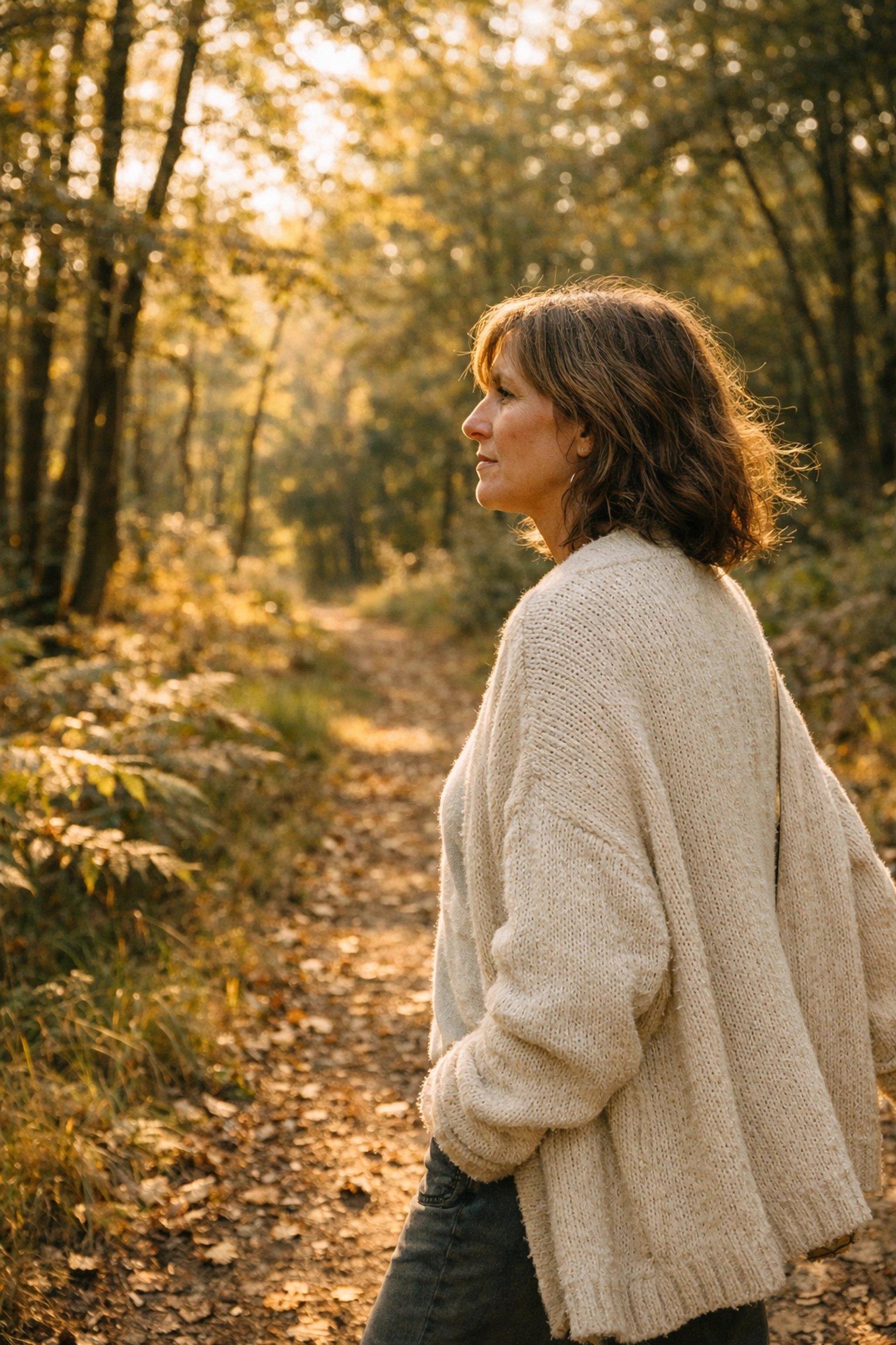 A woman in her 40s walking in nature, showing the calm and hormone balance found with perimenopause anxiety help.