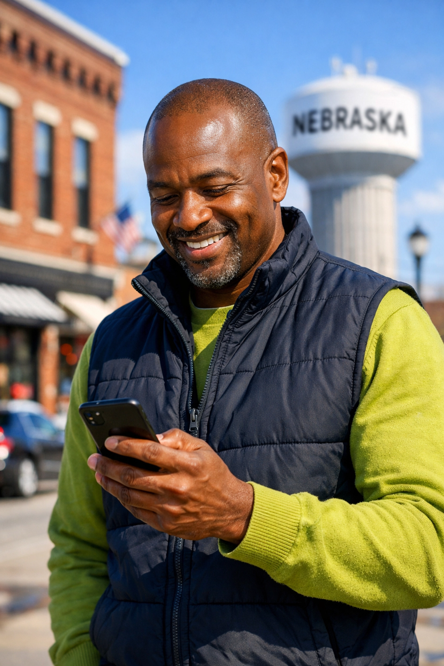 African man in Nebraska using a smartphone to check Medicaid status and DHHS notifications.