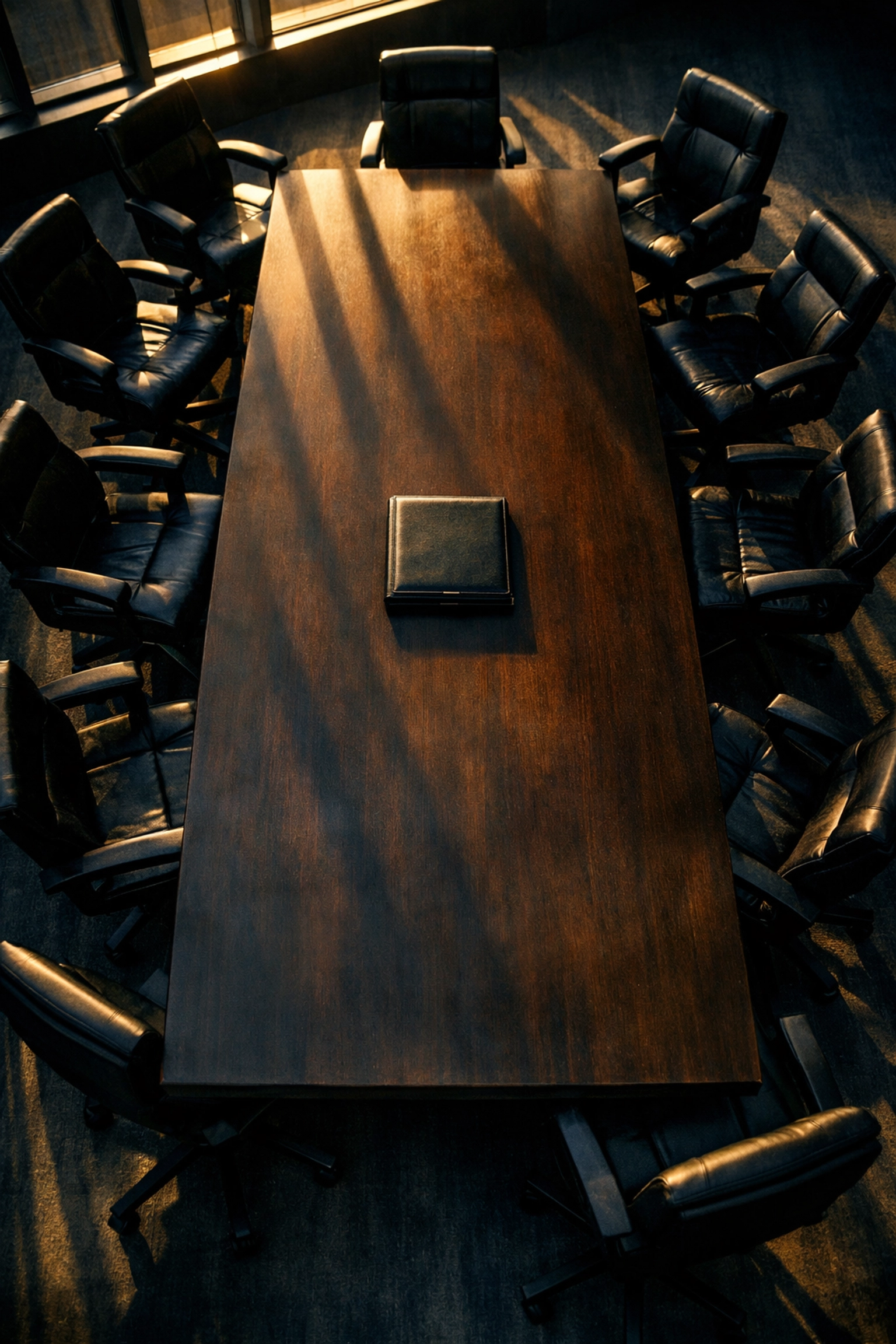 Empty executive boardroom with abandoned chairs after organizational restructuring and middle management elimination