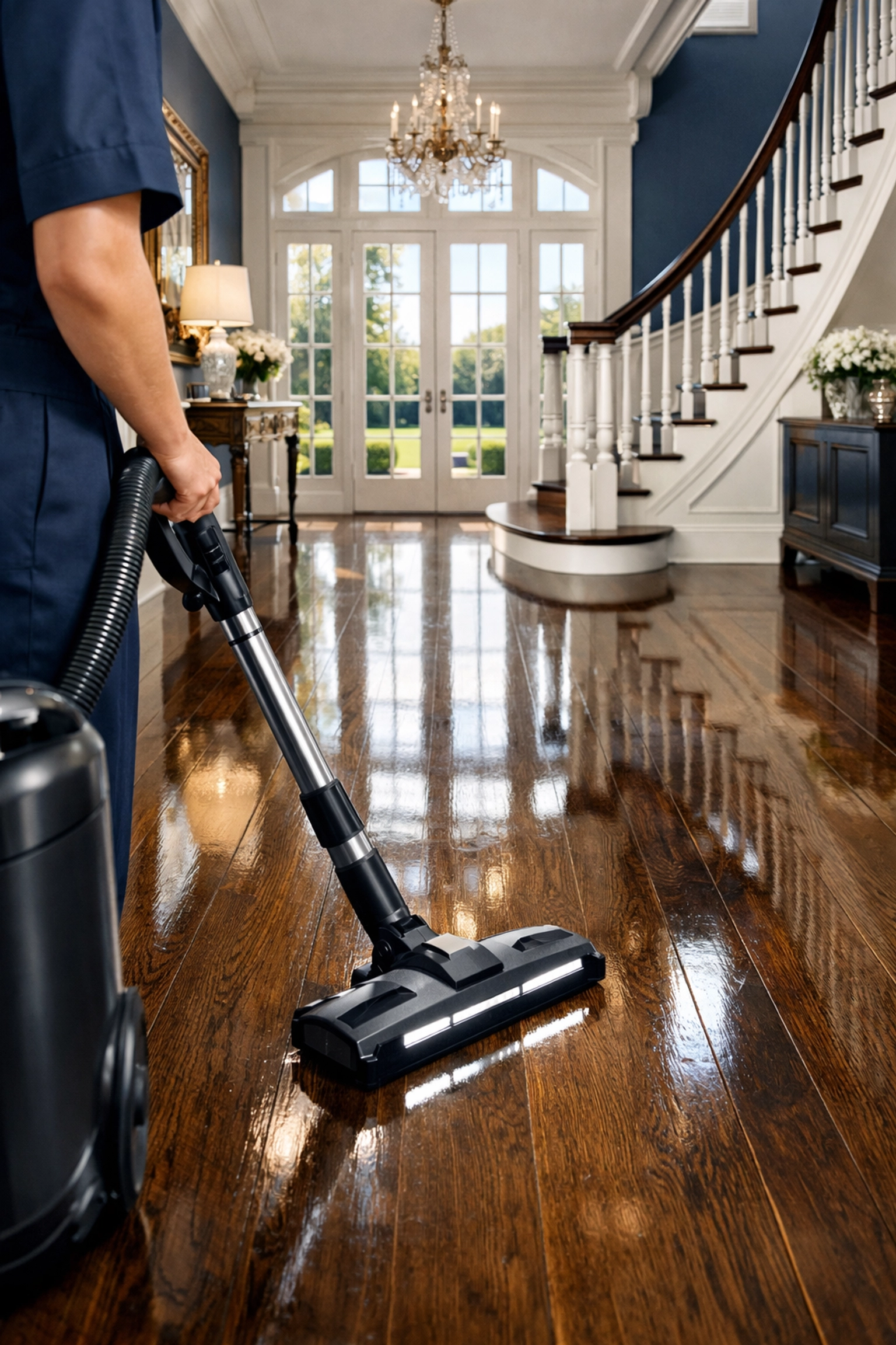 Luxury residential cleaning expert using HEPA vacuum on polished wood floors in a Lexington estate.