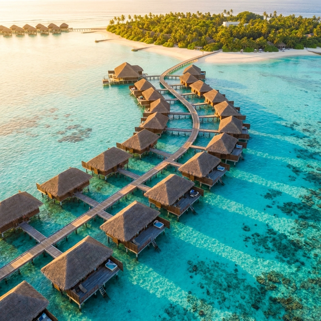 Luxury overwater bungalows in the Maldives surrounded by turquoise lagoon, the ultimate romantic destination