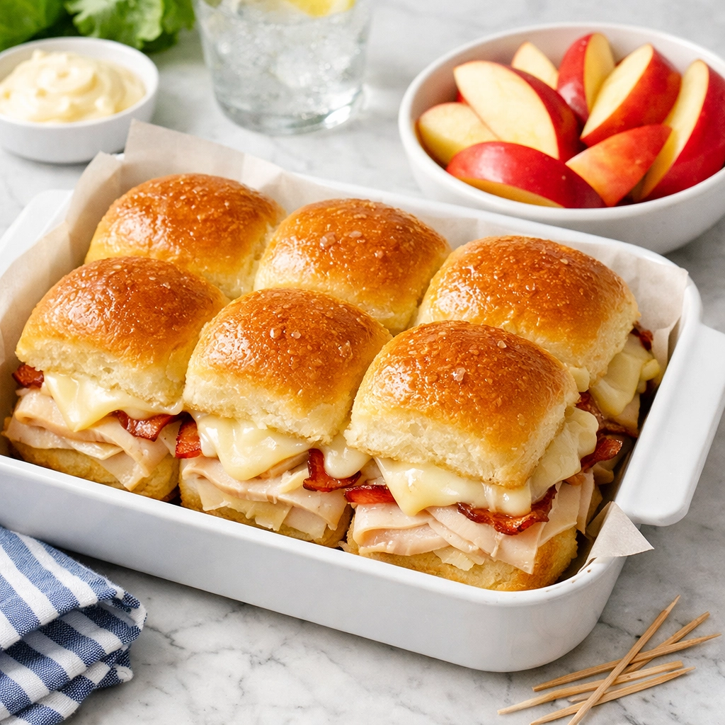 Mini turkey club sliders on Hawaiian rolls next to apple slices, a perfect easy weeknight dinner.