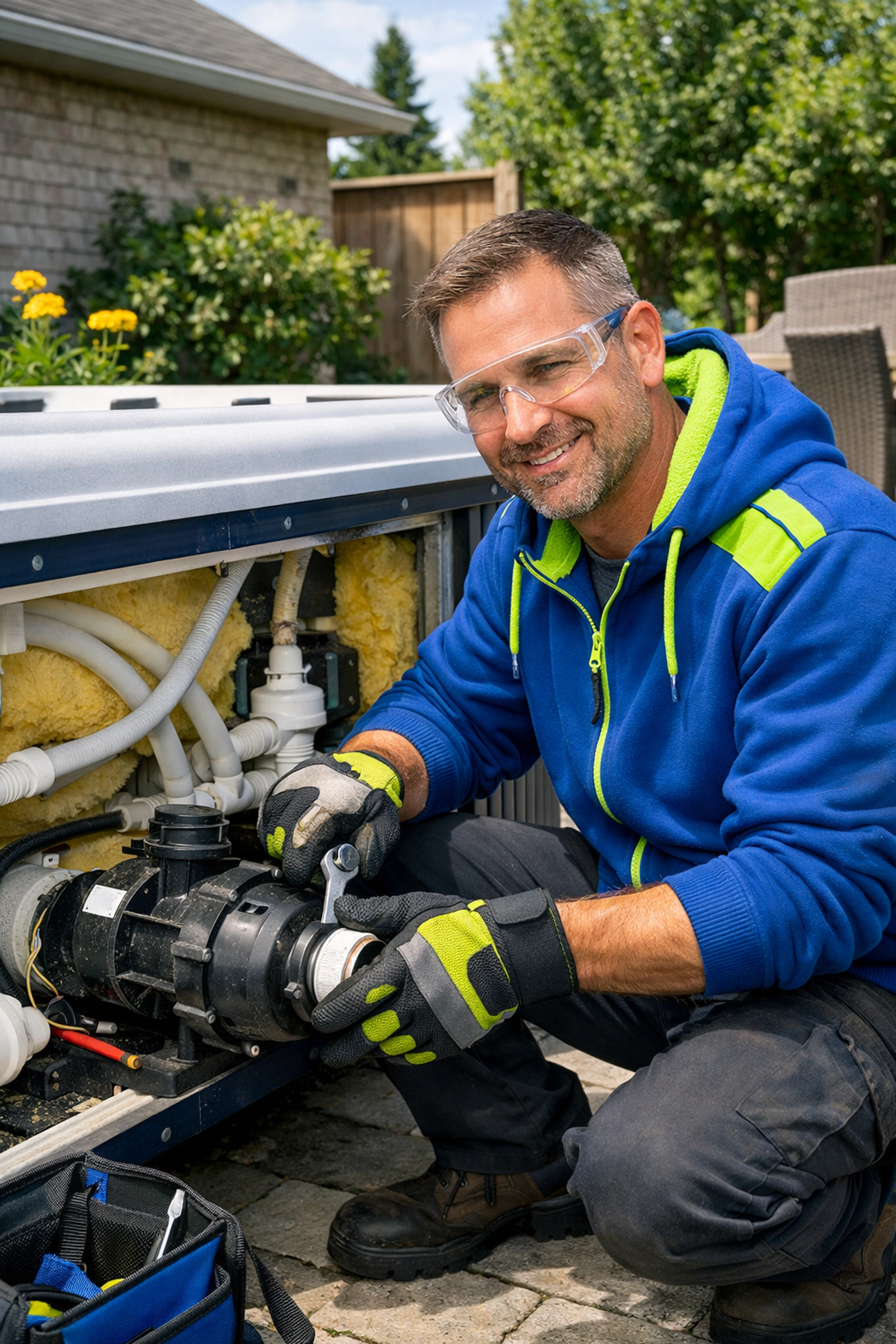 5 Steps How to Remove an Old Hot Tub in East Gwillimbury and Reclaim Your Backyard (Easy Guide for Homeowners) Junk GTA expert disconnecting plumbing and pumps for a safe hot tub removal in East Gwillimbury.