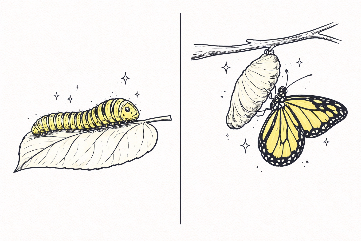 Hand-drawn split-panel with caterpillar and butterfly, symbolizing brand transformation, refresh, and visual identity evolution.