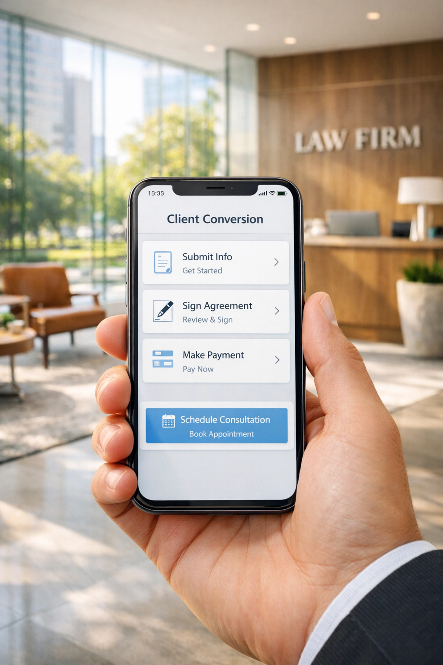 A professional using a smartphone in a modern law office representing conversion-focused mobile marketing.