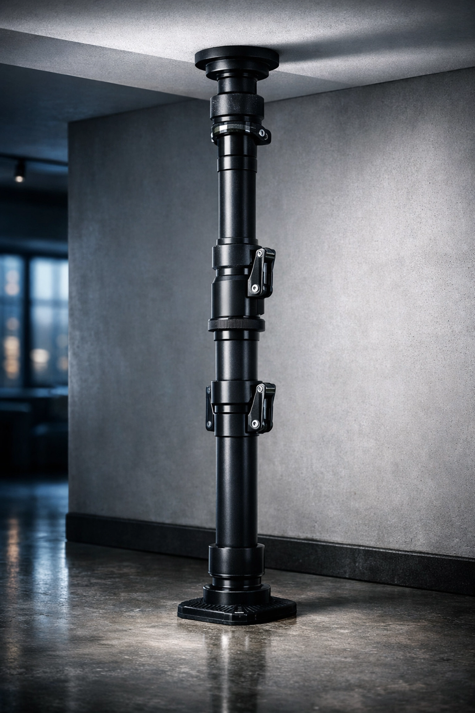 Sleek floor to ceiling gym system for home resistance training without drilling or wall damage.