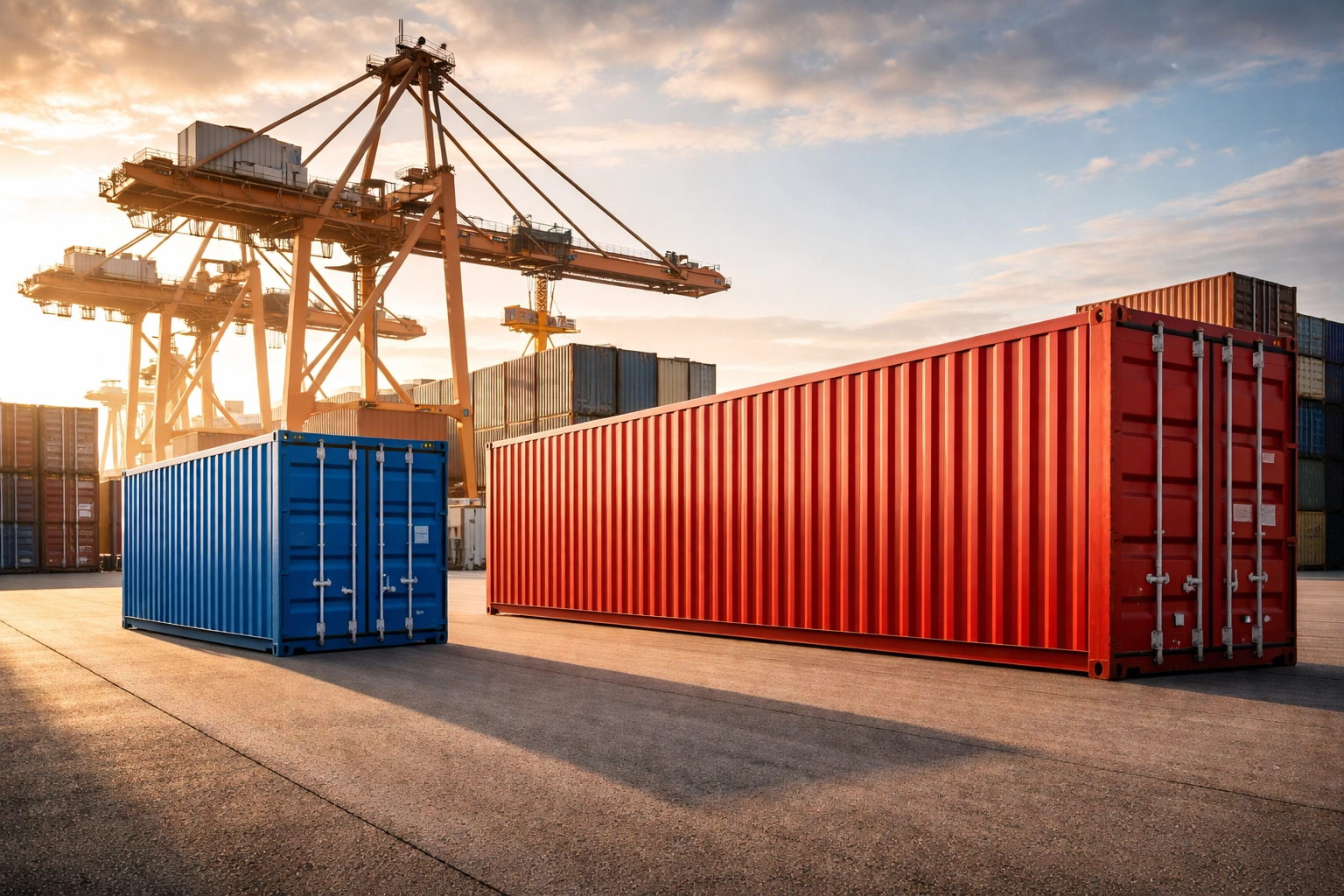 Side-by-side comparison of 20ft and 40ft shipping containers at a busy port with cargo cranes