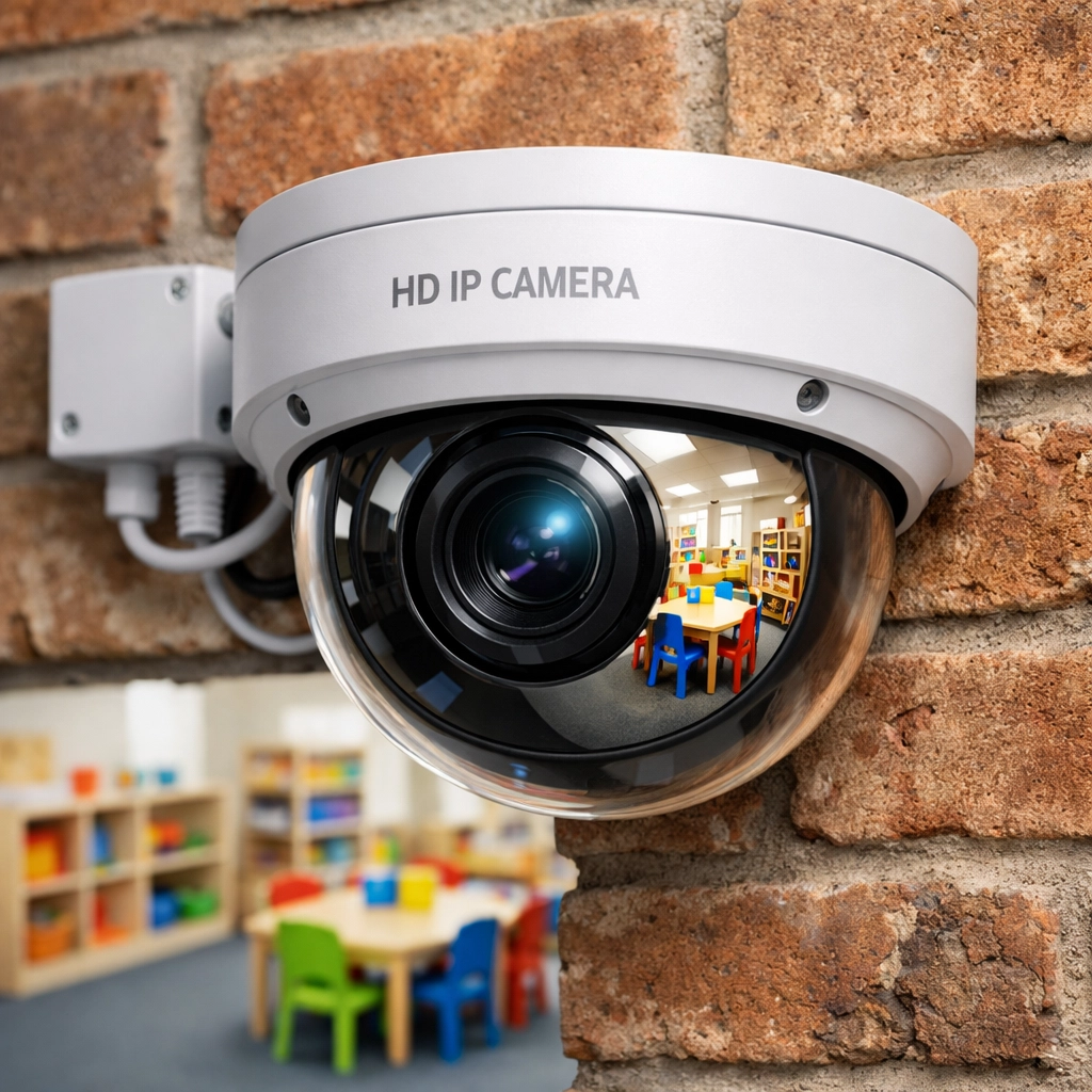 High-definition IP security camera installed on an Oxford nursery wall for enhanced protection.