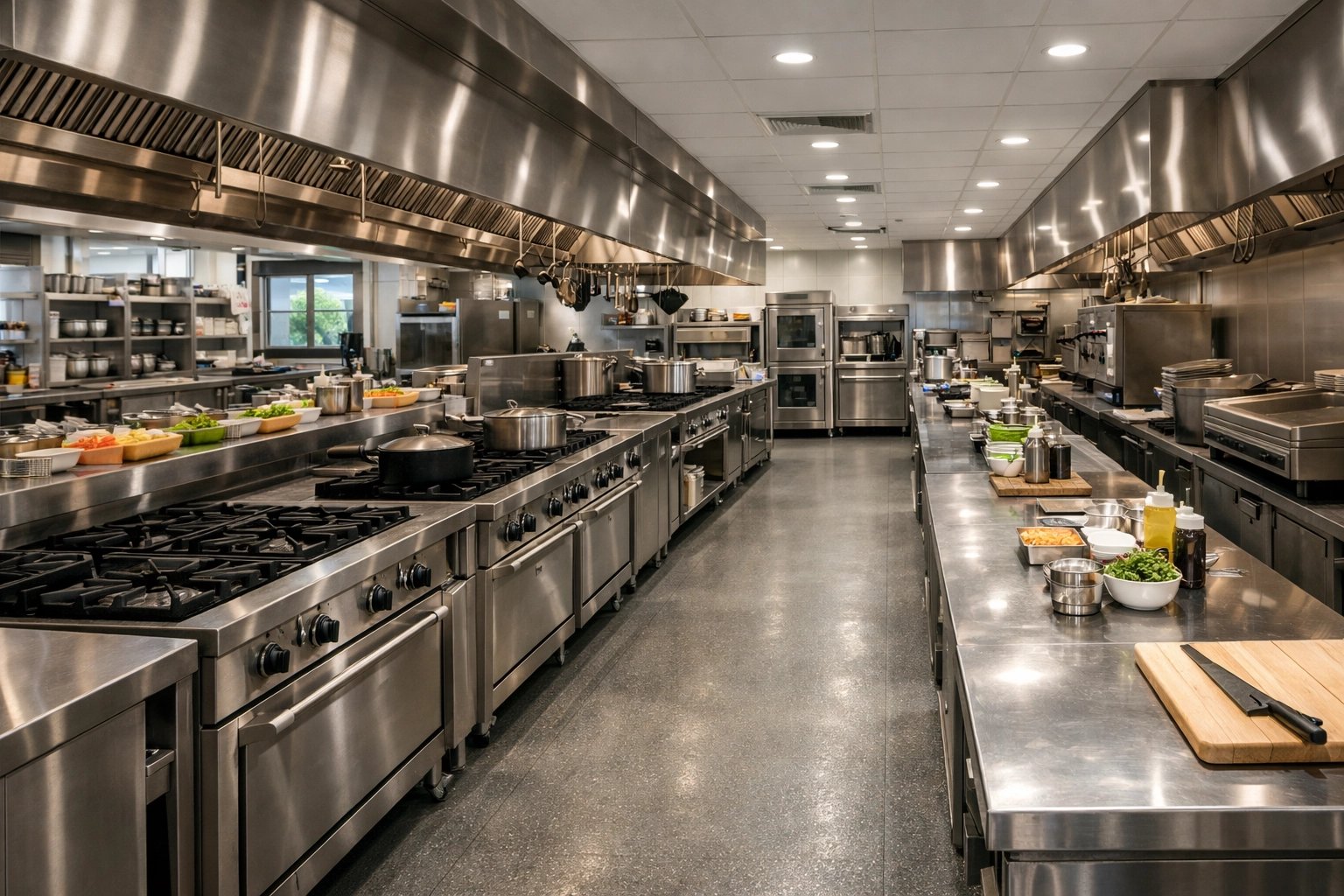 Well-maintained commercial kitchen showing effective risk management for restaurant property insurance.