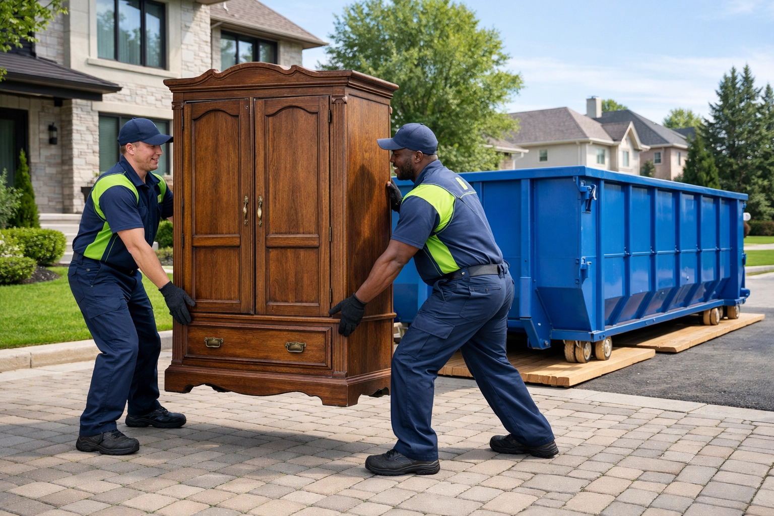 Professional workers loading furniture into a blue dumpster rental on a protected North York driveway.