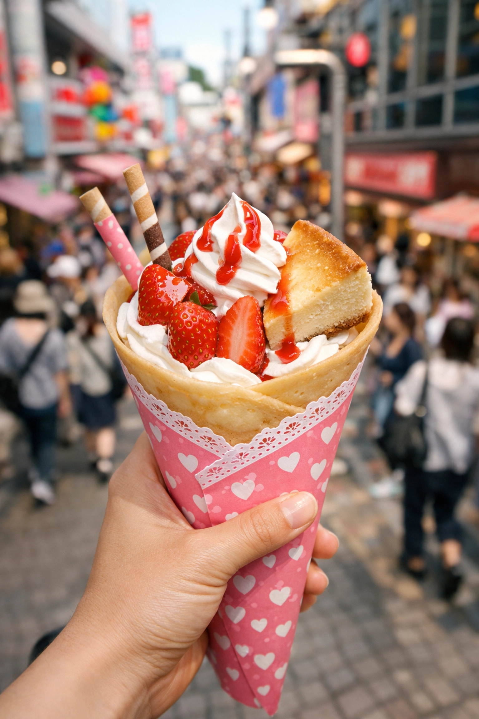 Iconic Japanese strawberry crepe on Takeshita Street, a must-try Harajuku street food experience.