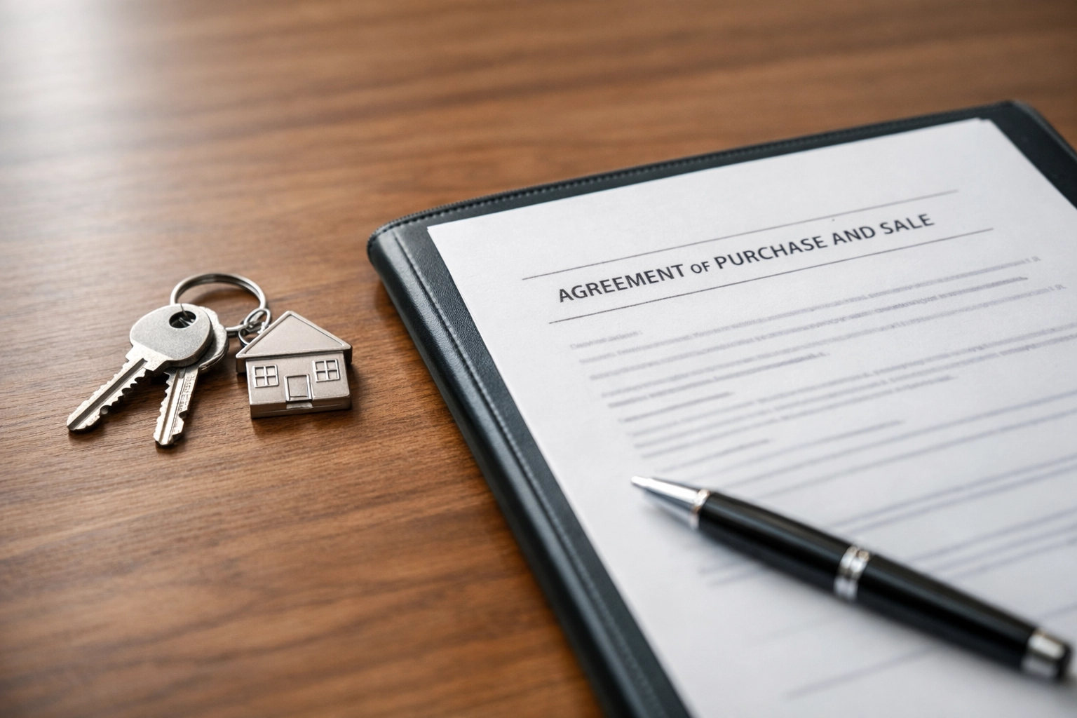Closing day house keys and purchase paperwork on a wood table