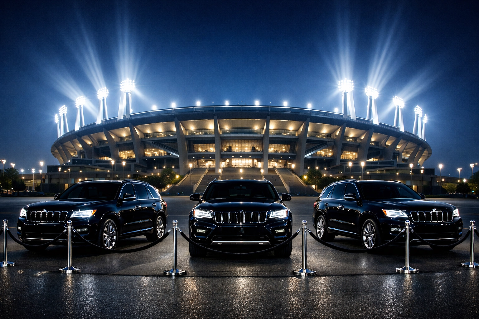 PRESS RELEASE: 7 Mistakes You’re Making with Super Bowl Corporate Hospitality (and How to Fix Them Before Kickoff) Luxury black SUVs parked in a secure VIP drop-off zone outside a bright stadium at night.