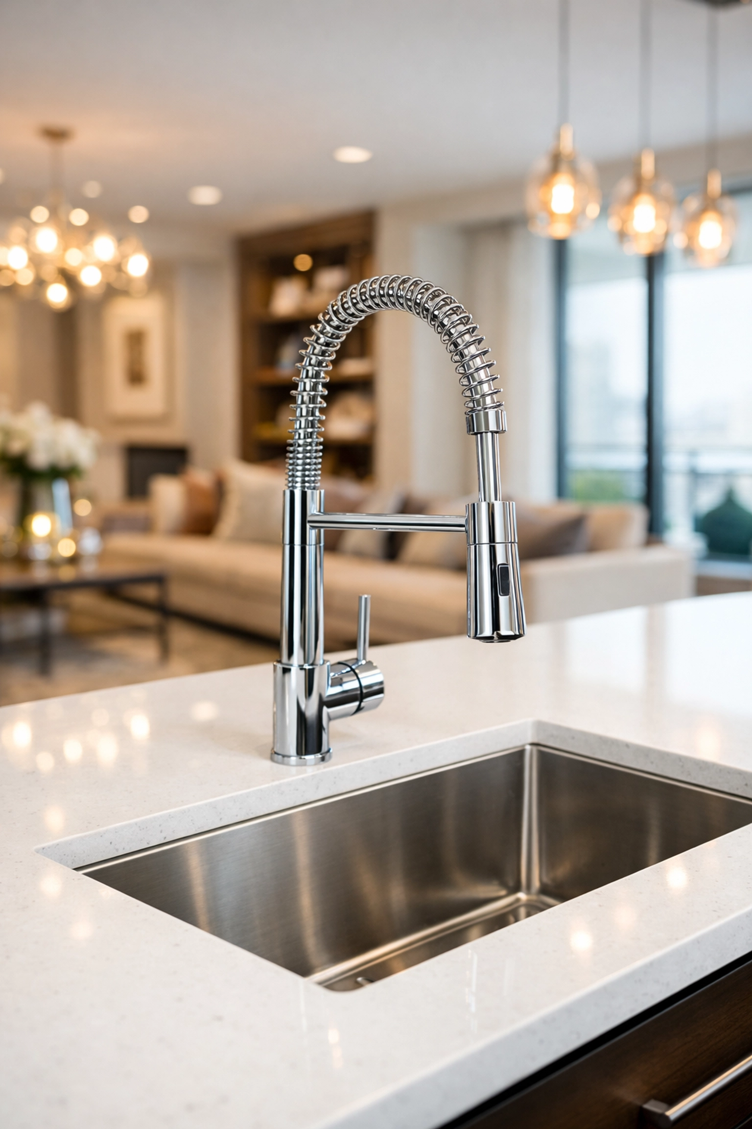 Premium kitchen plumbing fixtures installed in a modern multi-family luxury residence.