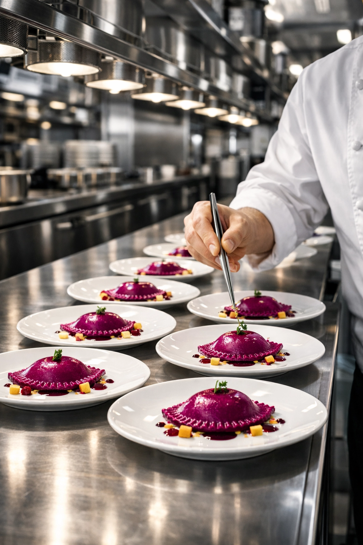 Chef plating vibrant beet-infused ravioli with precision in a high-end restaurant kitchen.